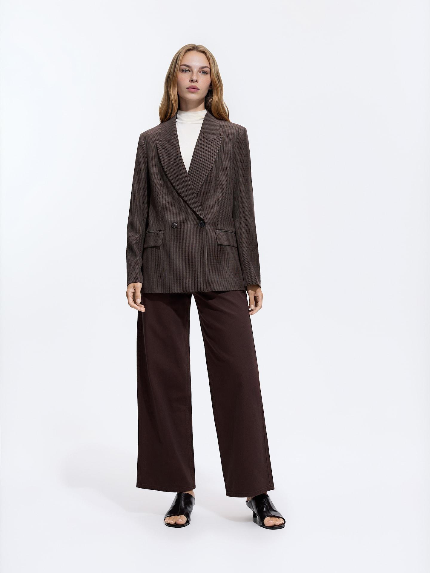 Brown Double-Breasted Blazer With Dogtooth Pattern, 7401_89P, medium