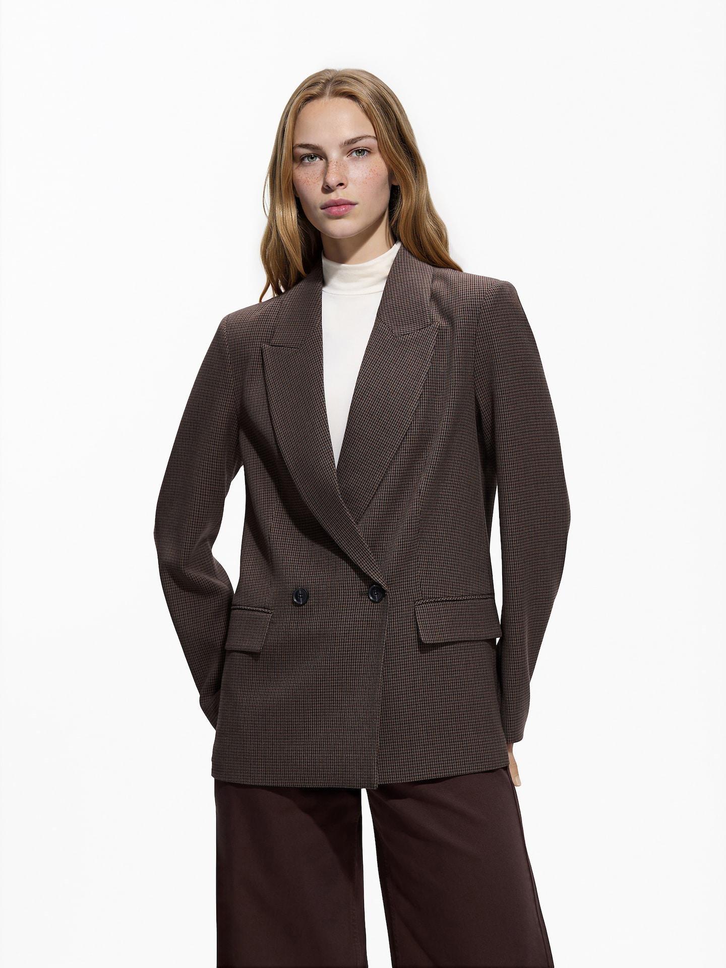 Brown Double-Breasted Blazer With Dogtooth Pattern, 7401_89P, medium