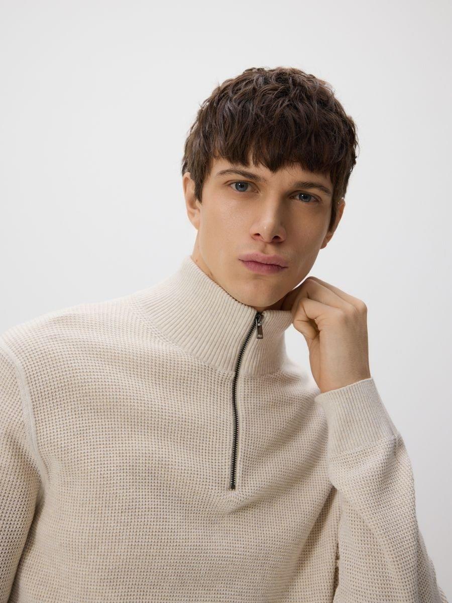 Beige Zipped Turtle-Neck Sweater, Beige, large image number 0