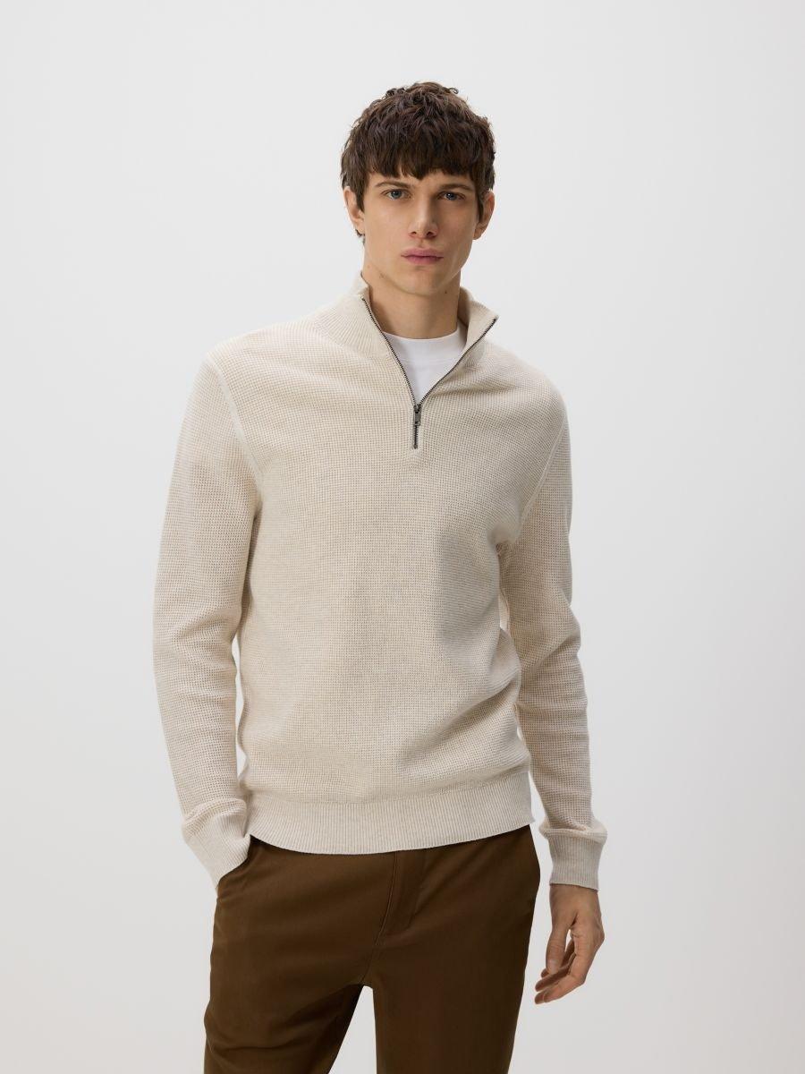 Beige Zipped Turtle-Neck Sweater, Beige, medium