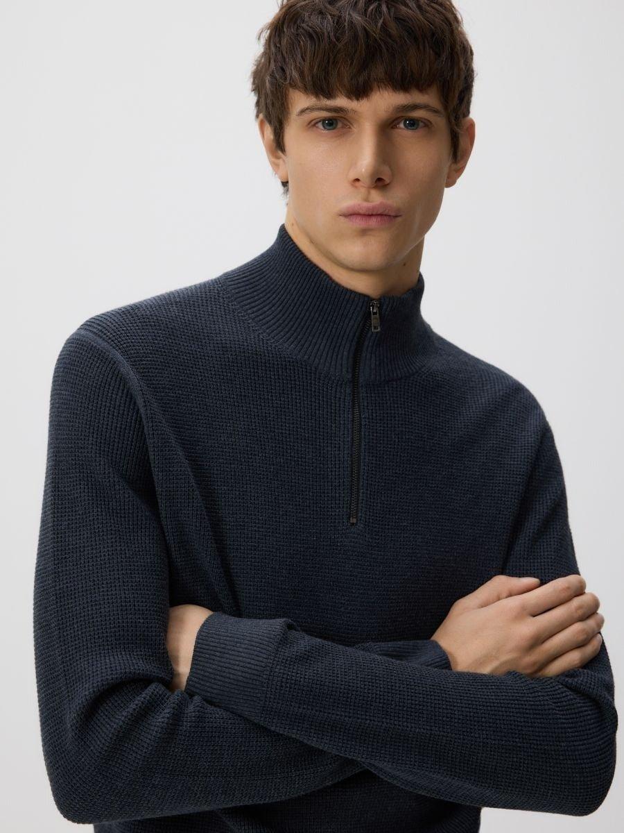 بلوفر بسحاب ياقة عالية كحلي, Navy, medium