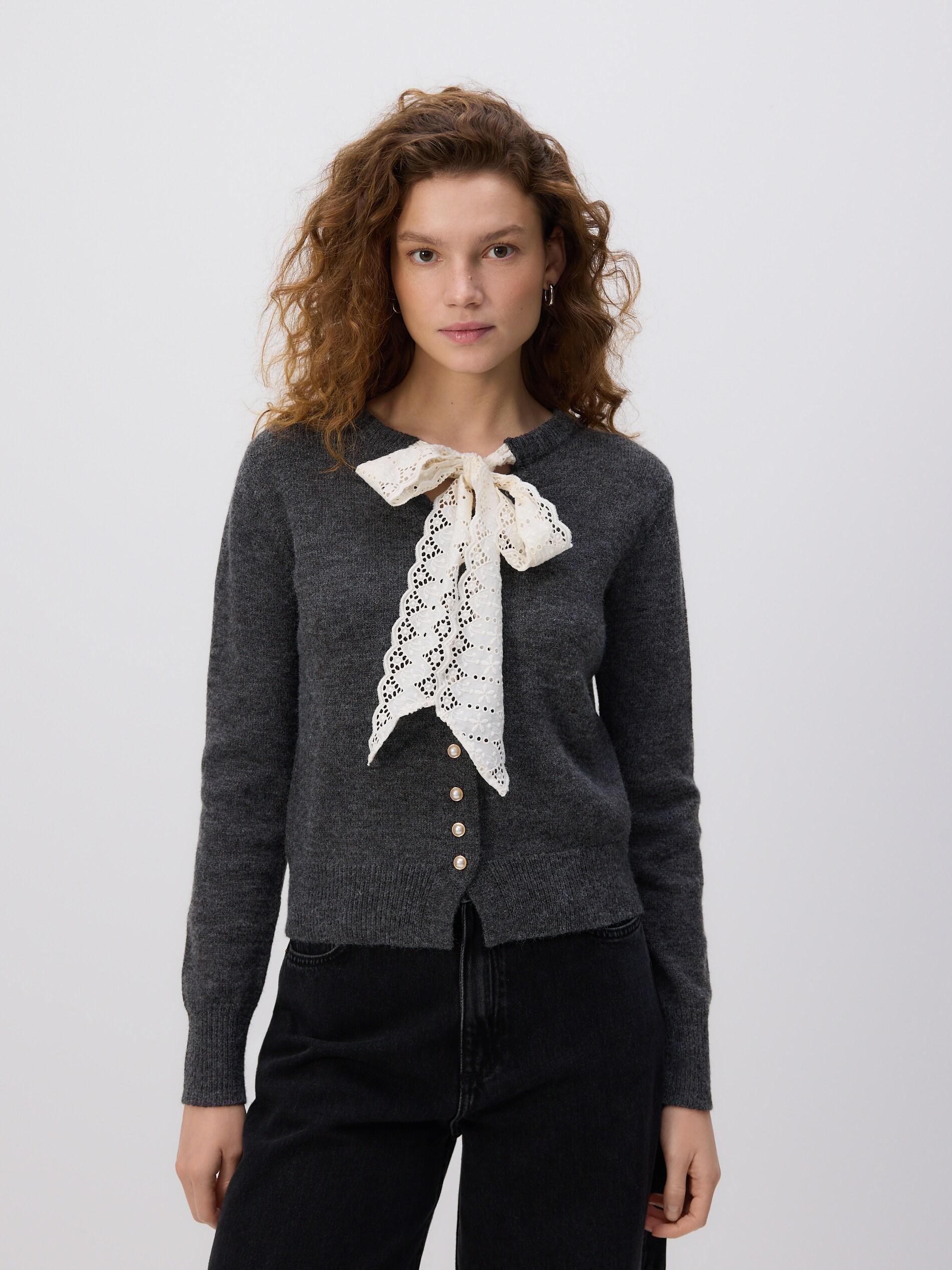 Grey Cardigan With Tie Detail, Grey, large image number 1