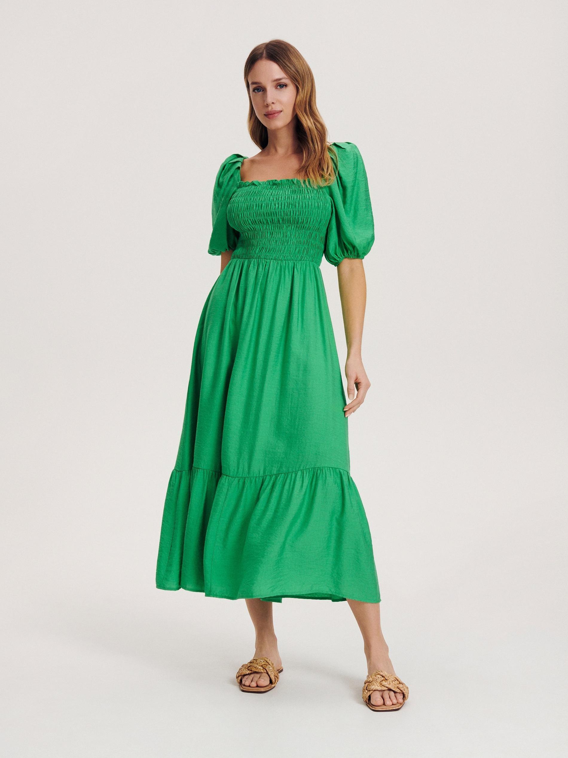 Green Puff Sleeves Viscose Dress, , large image number 0