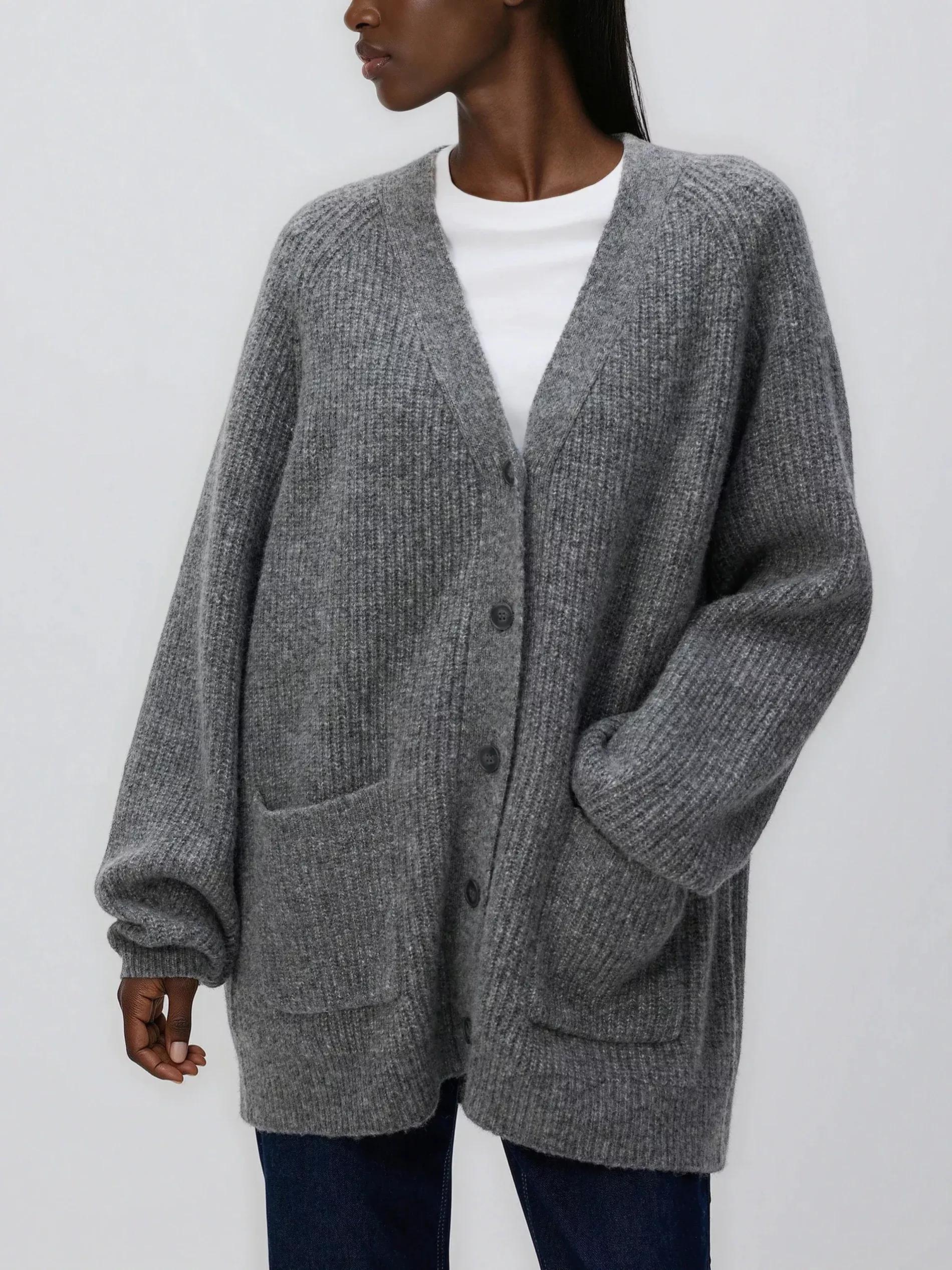Grey Wool Blend Cardigan, Grey, medium