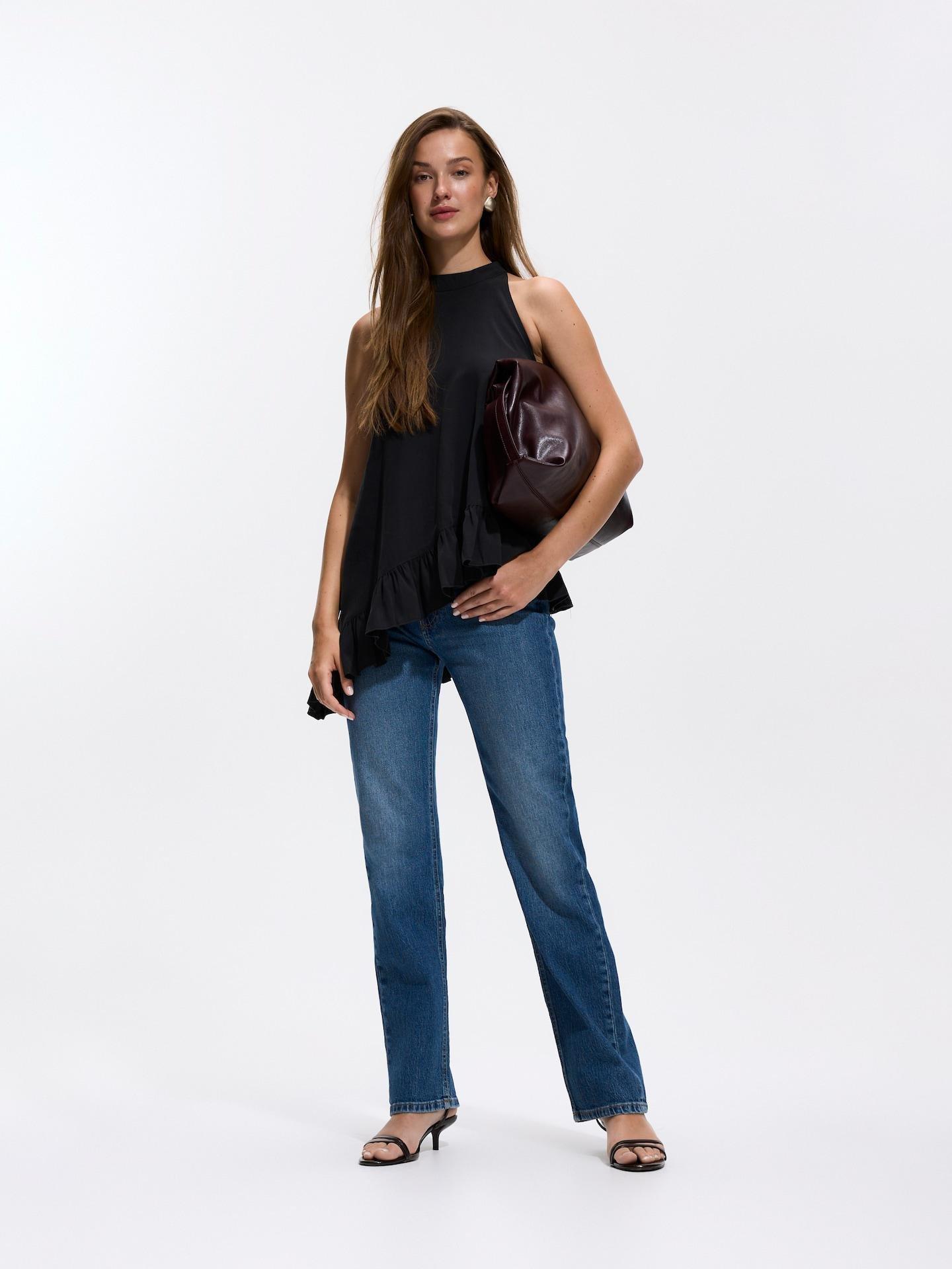 Black Asymmetric Top With Ruffle, Black, medium