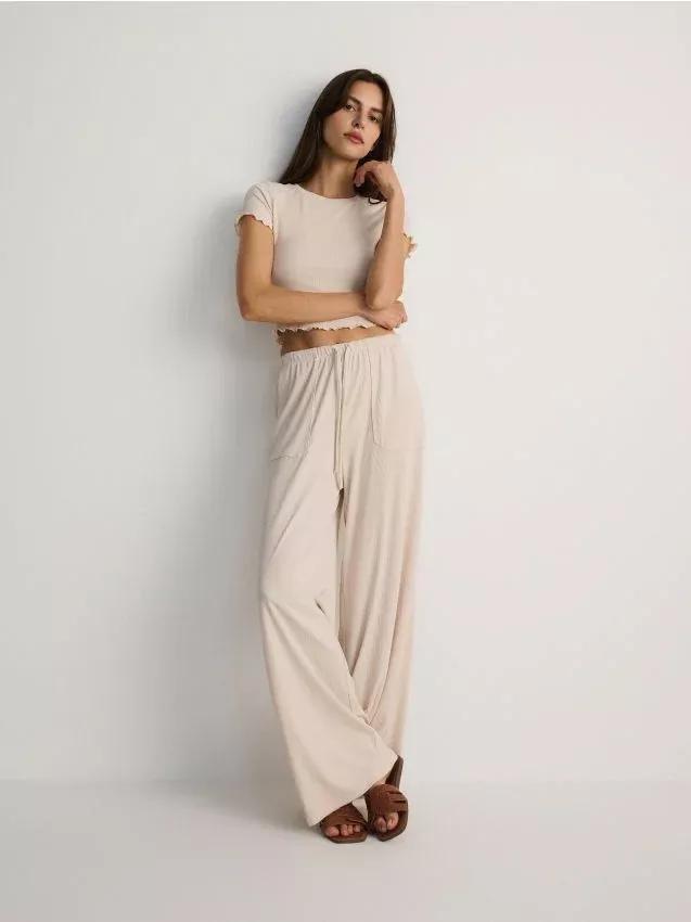 Beige Elastic Waist Sweatpants, , large image number 0