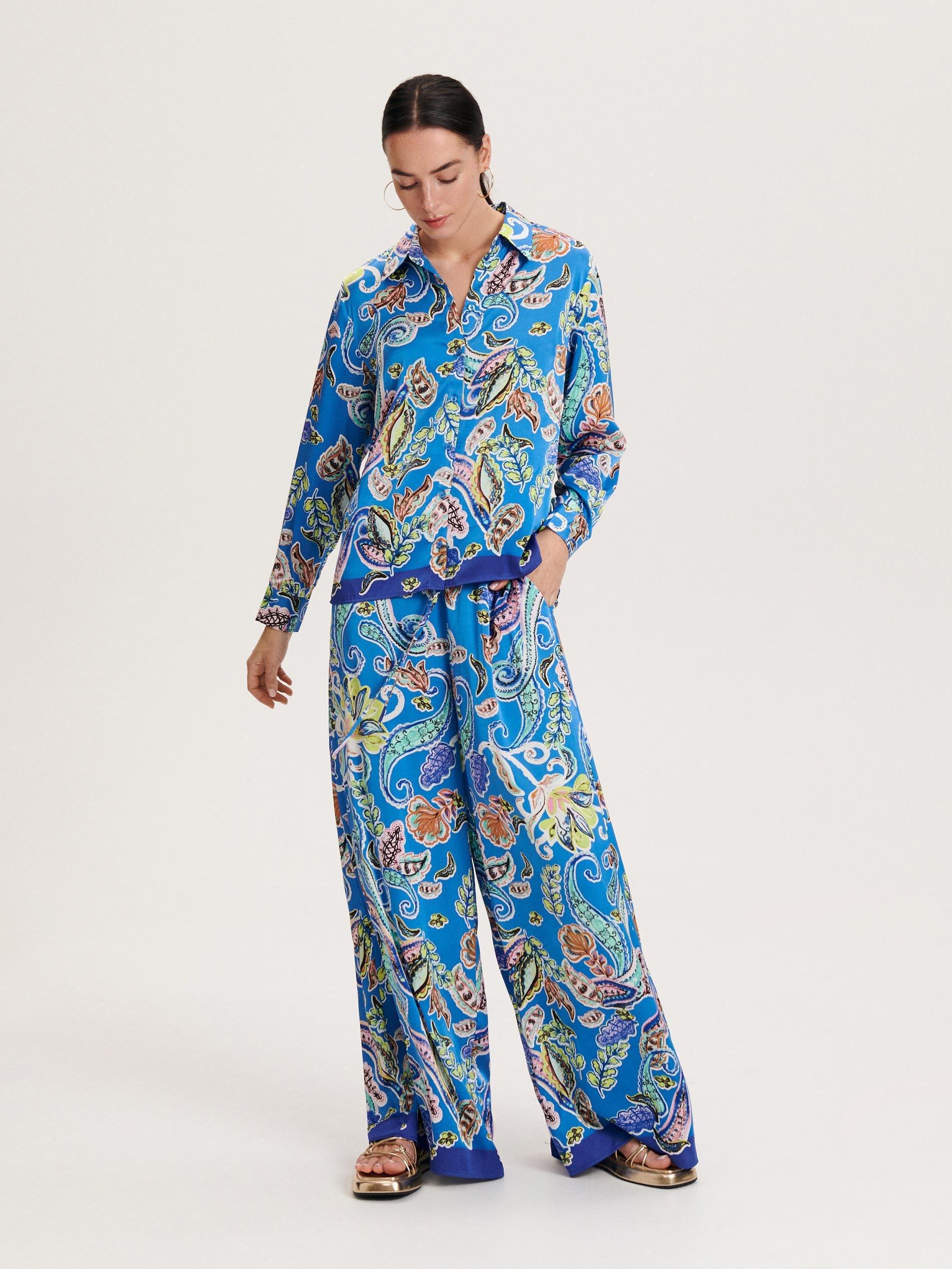 Blue Patterned Palazzo Trousers, , large image number 0