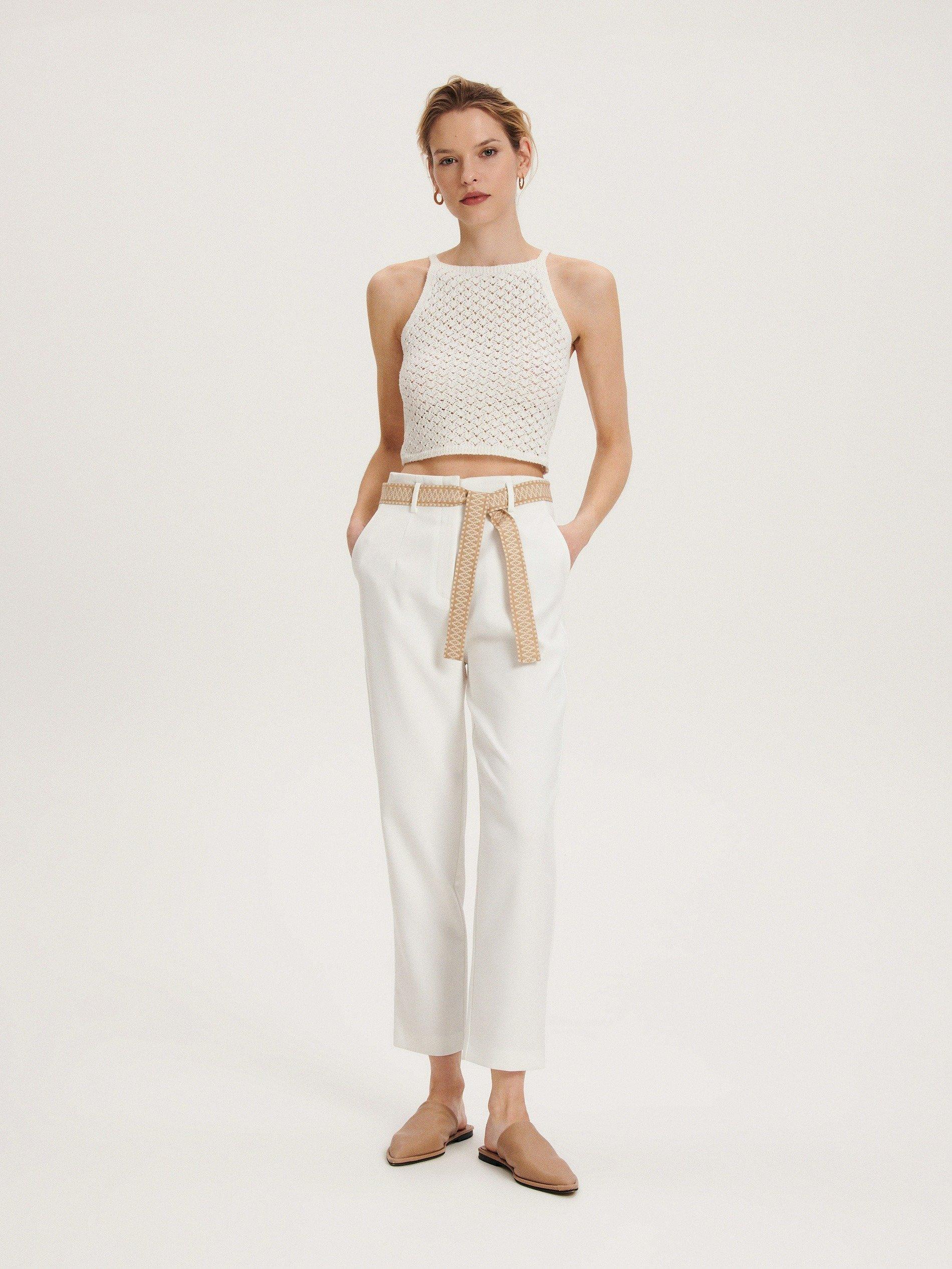 White Decorative Tie Waist Belt Trousers, , large image number 0