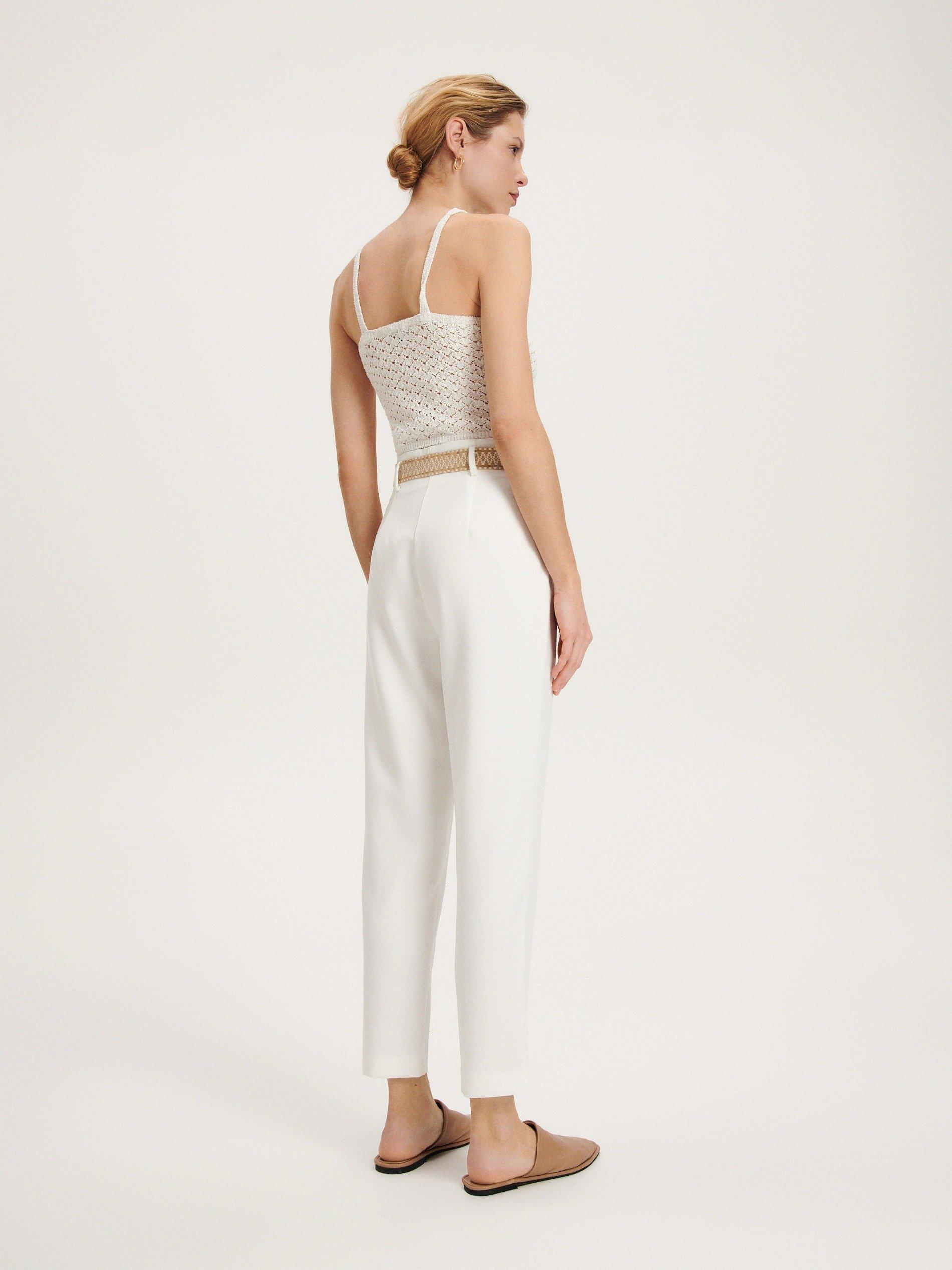White Decorative Tie Waist Belt Trousers, , large image number 2