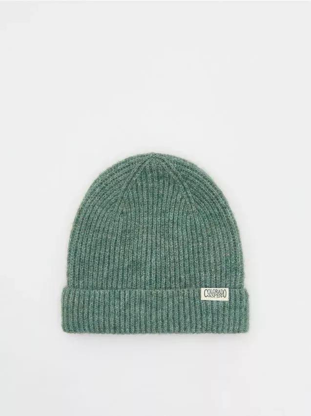 Green Ribbed Knit Beanie With Patch, , large image number 0