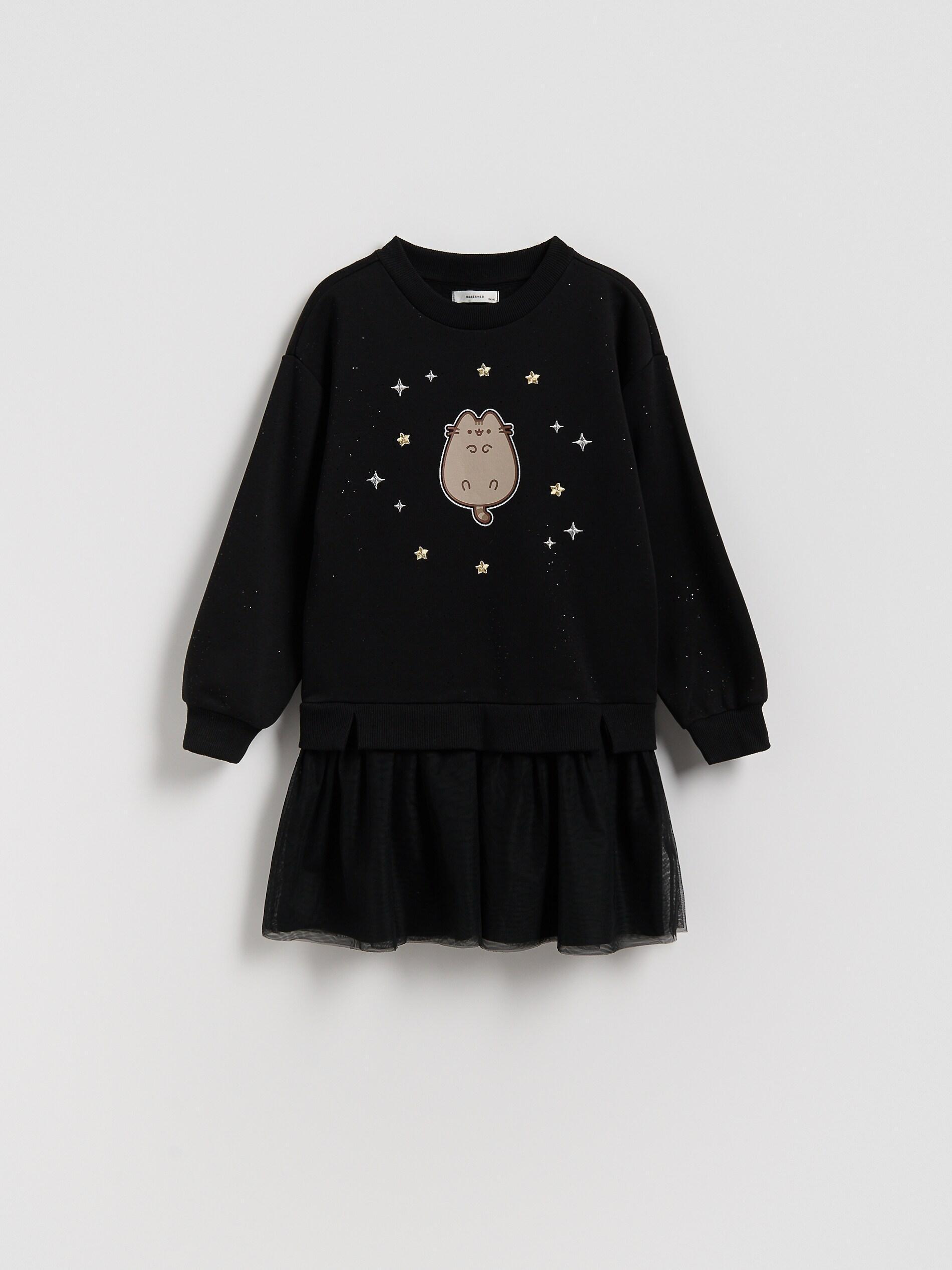Black Pusheen Jersey Dress With Applique, Kids Girls, Black, medium
