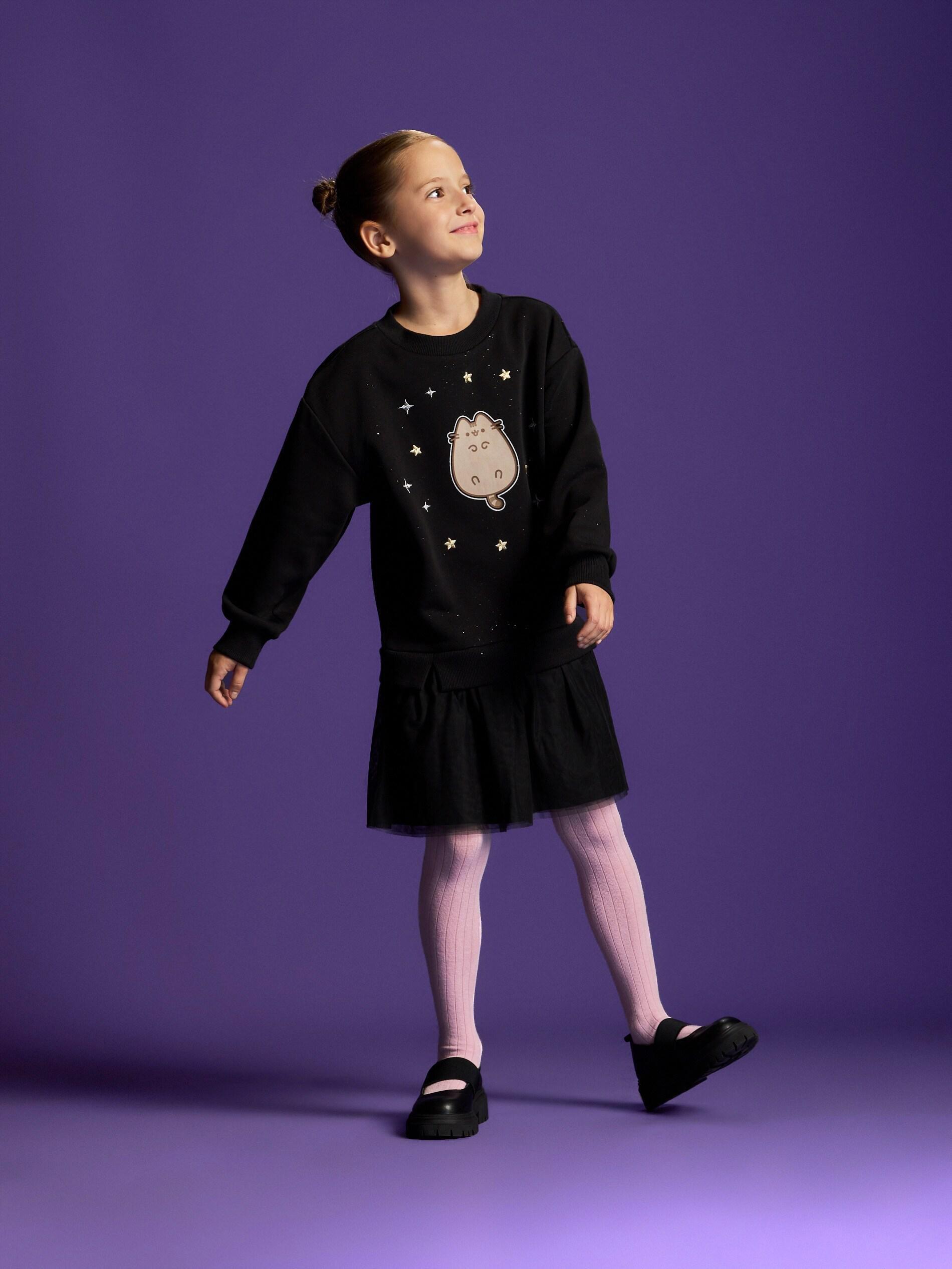 Black Pusheen Jersey Dress With Applique, Kids Girls, Black, medium