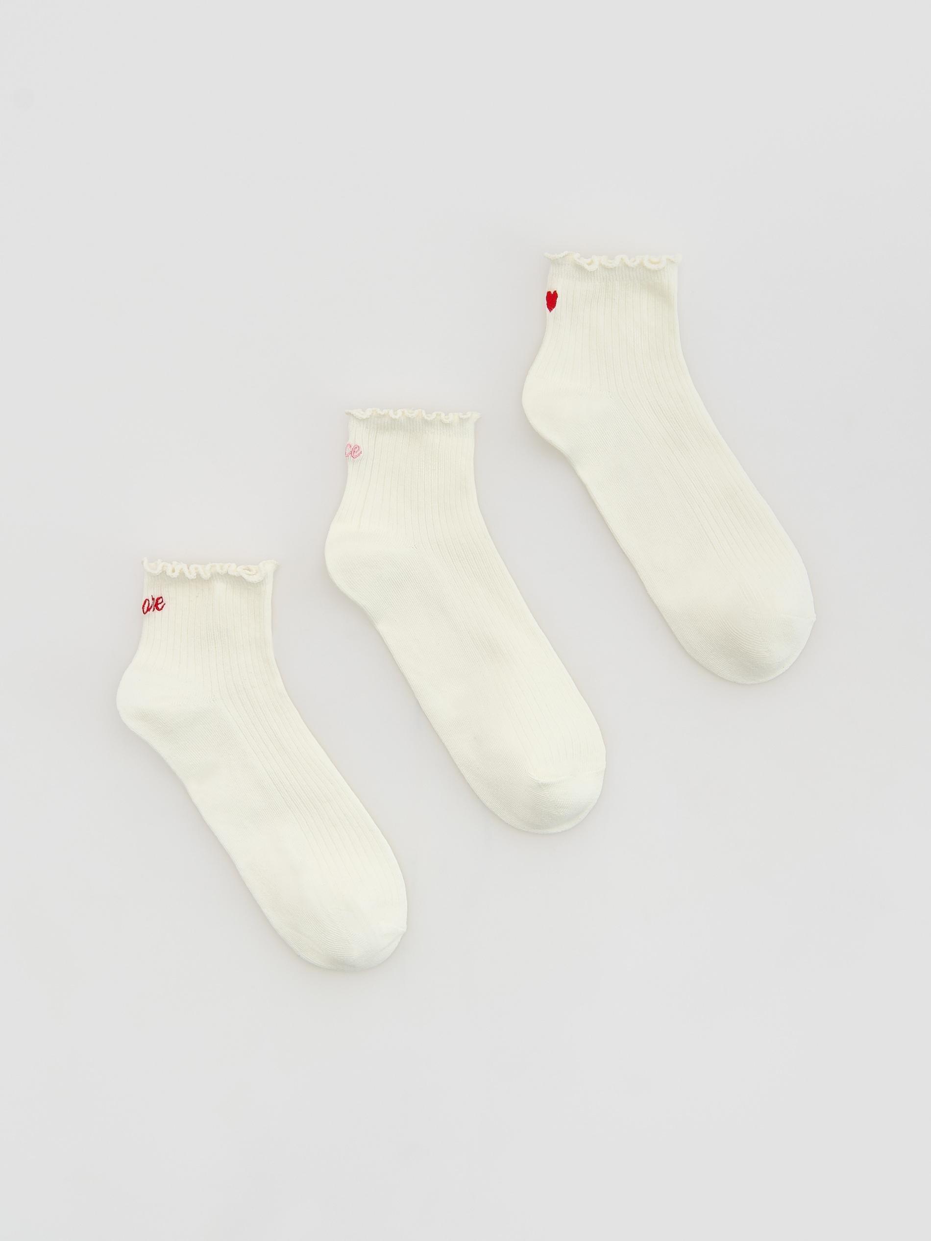 Cream 3 Pack Embroidered Socks, Ivory, medium