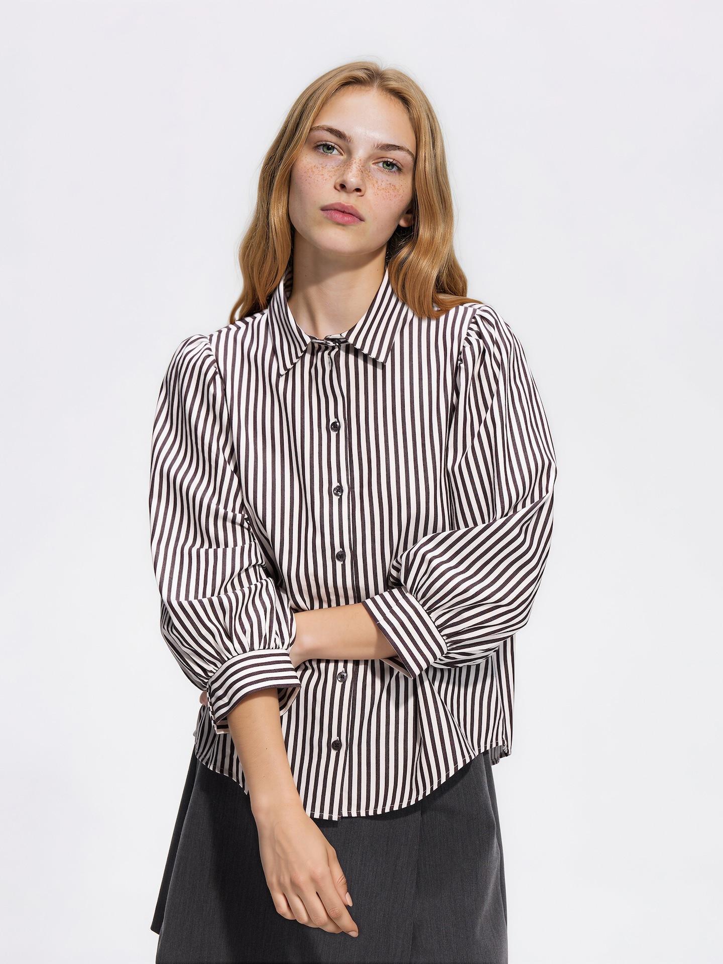 Brown Cotton Shirt With Puff Sleeves, Brown, medium
