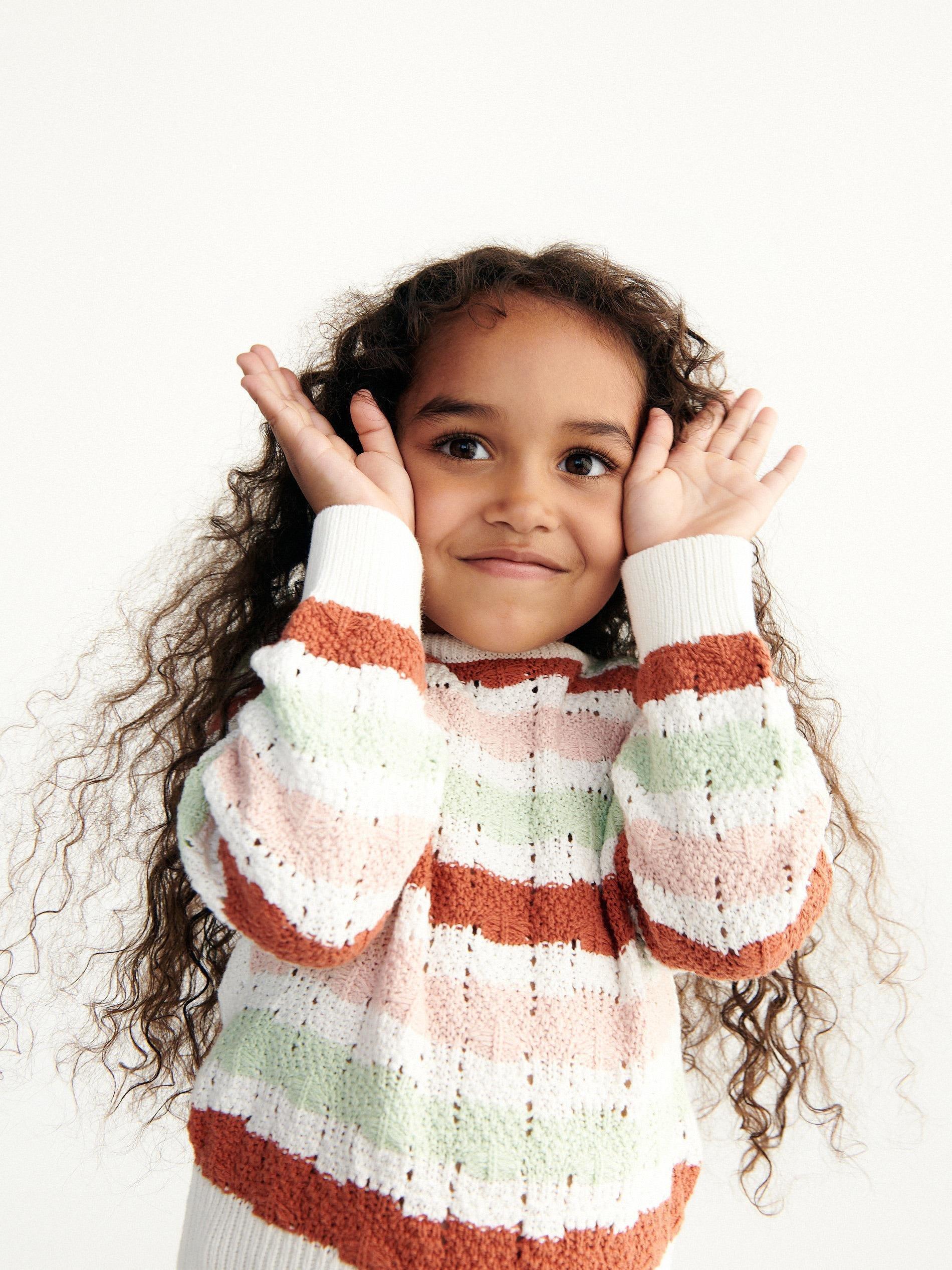 Multicolor Stripe Openwork Jumper, Kids Girls, , large image number 0