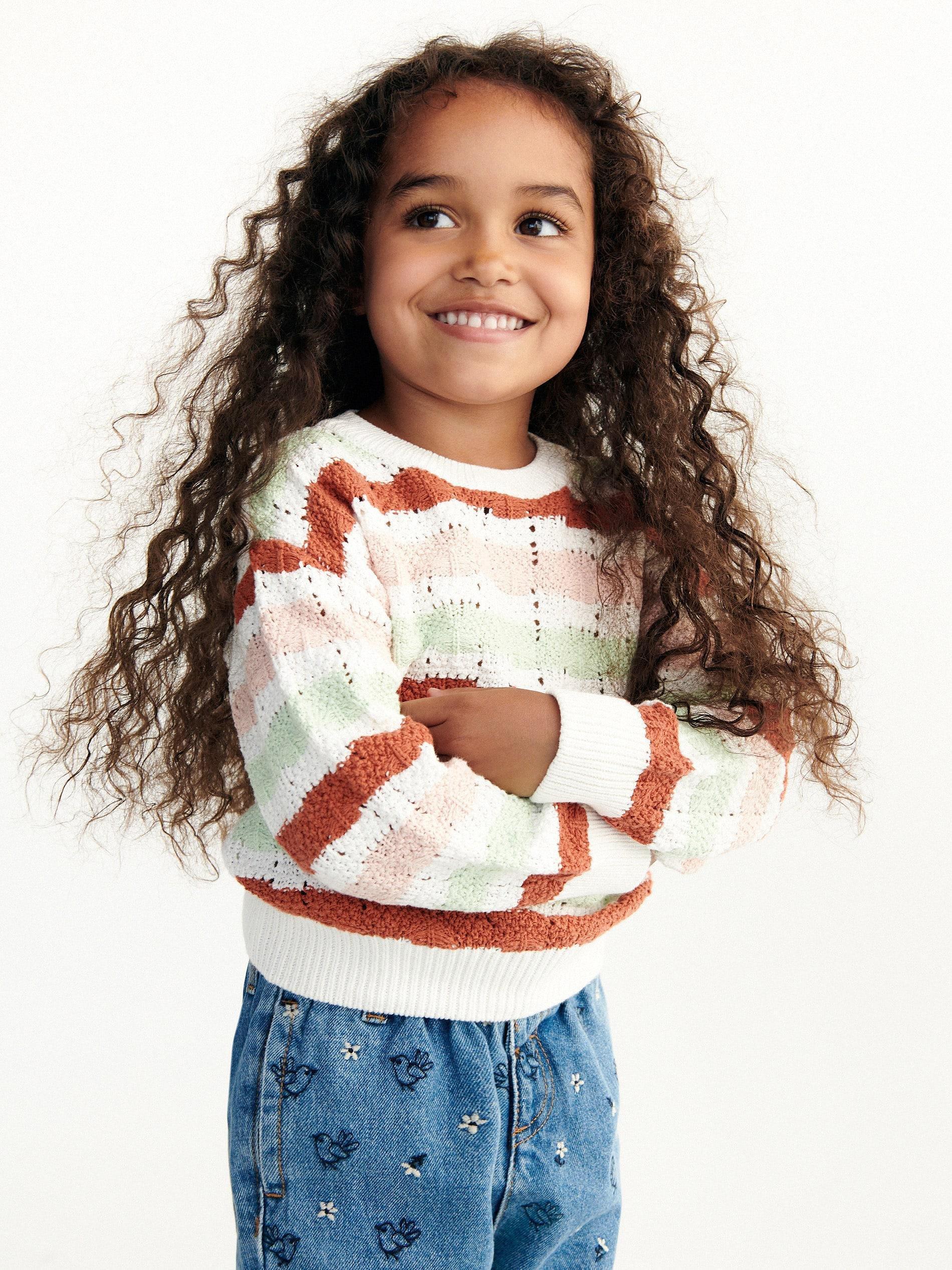 Multicolor Stripe Openwork Jumper, Kids Girls, , large image number 2