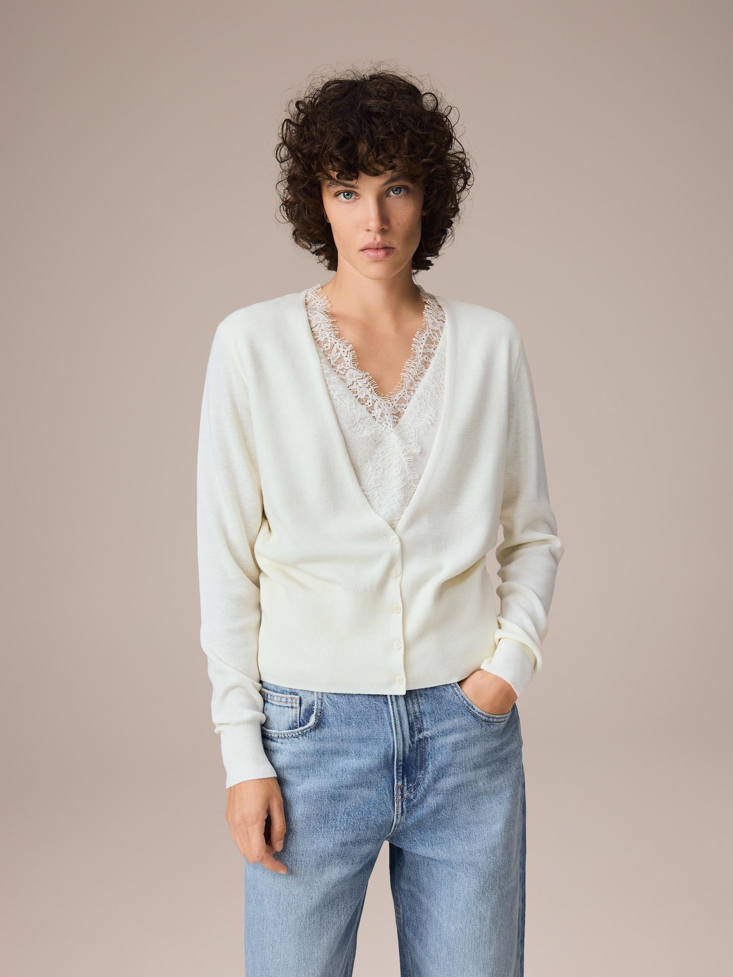 Beige Cardigan With Lace, Ivory, large image number 1