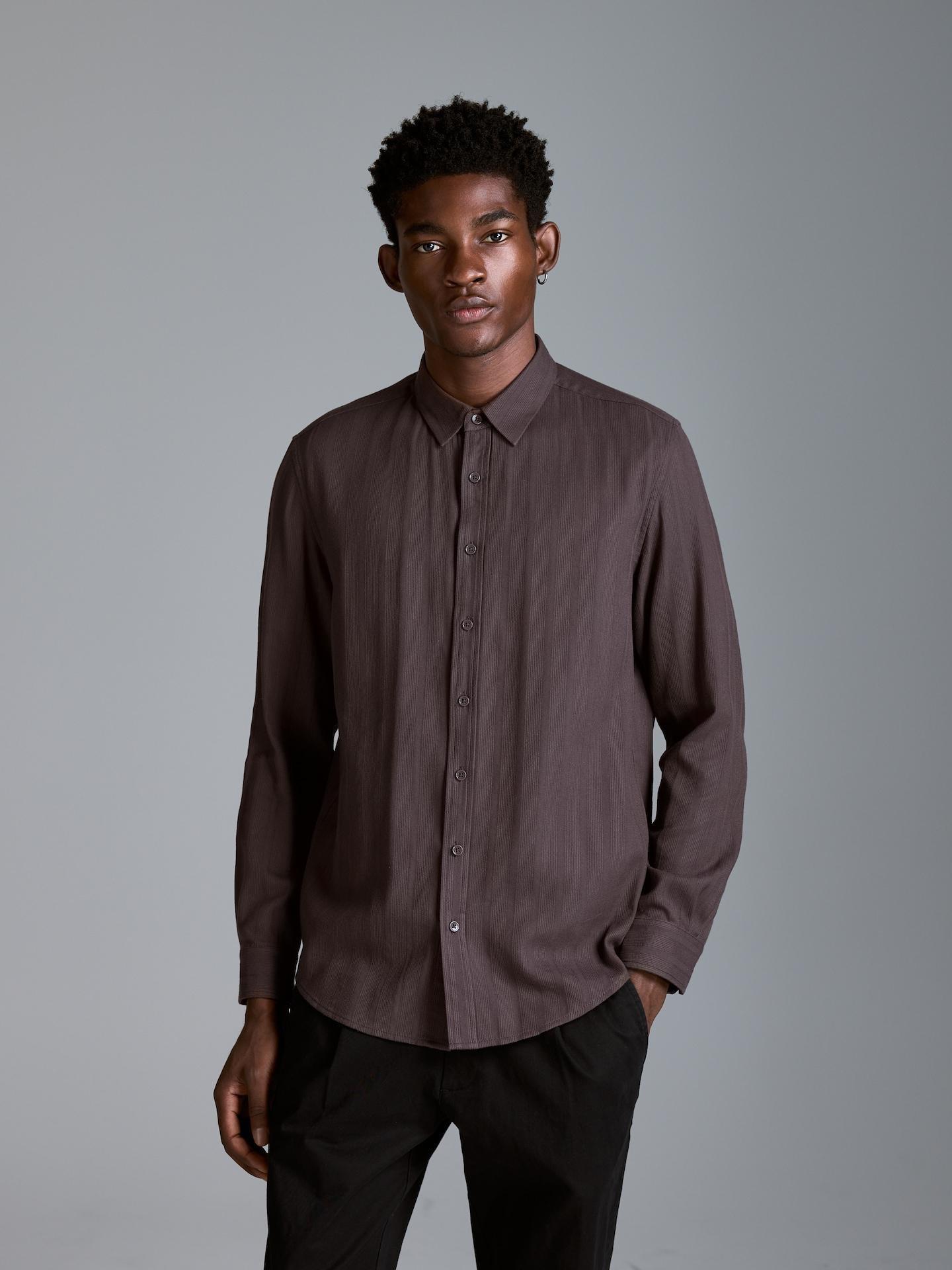 Brown Slim Fit Cotton Rich Shirt, Brown, large image number 1