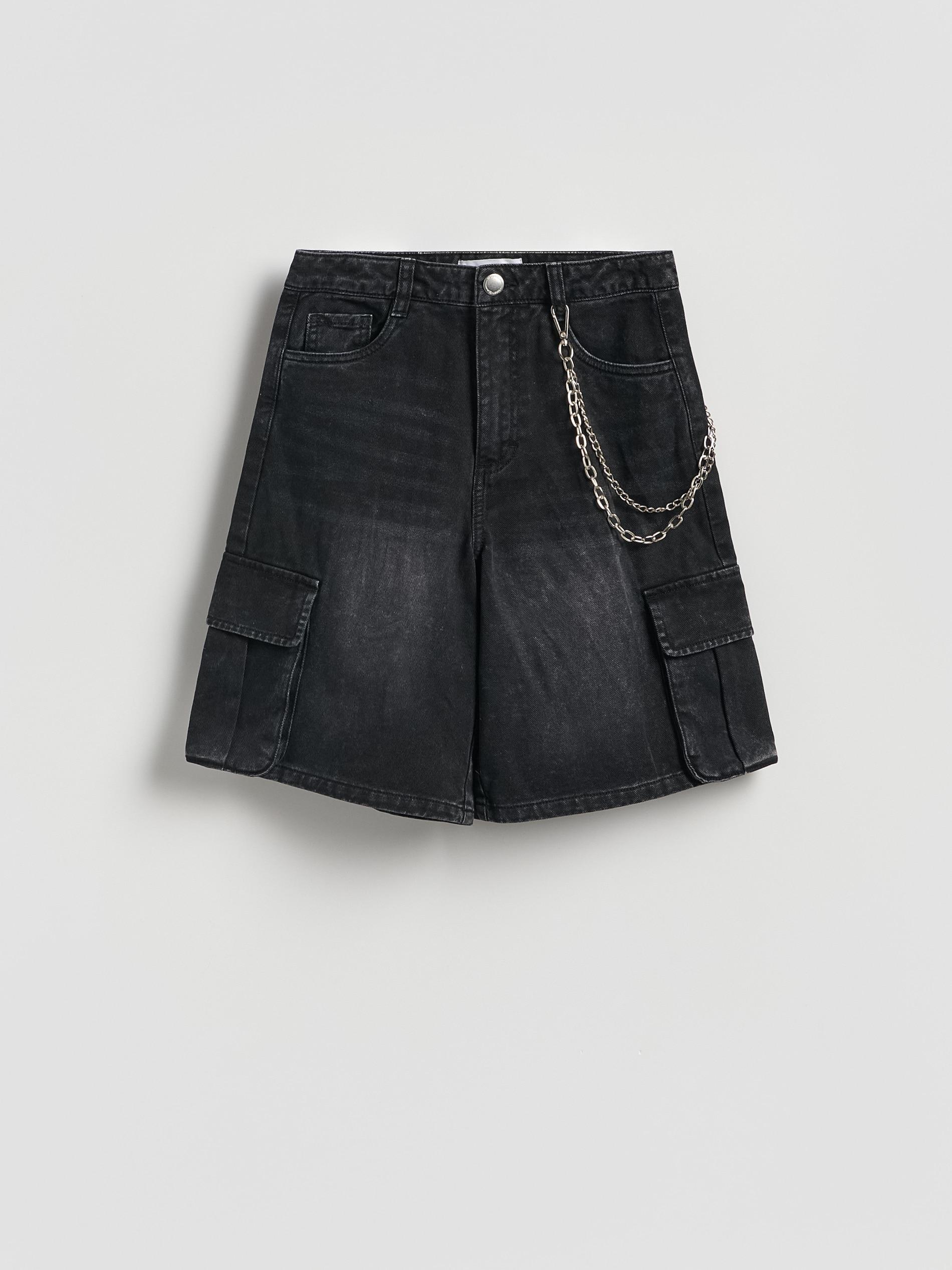 Black Denim Shorts With Chain, Black, large image number 2