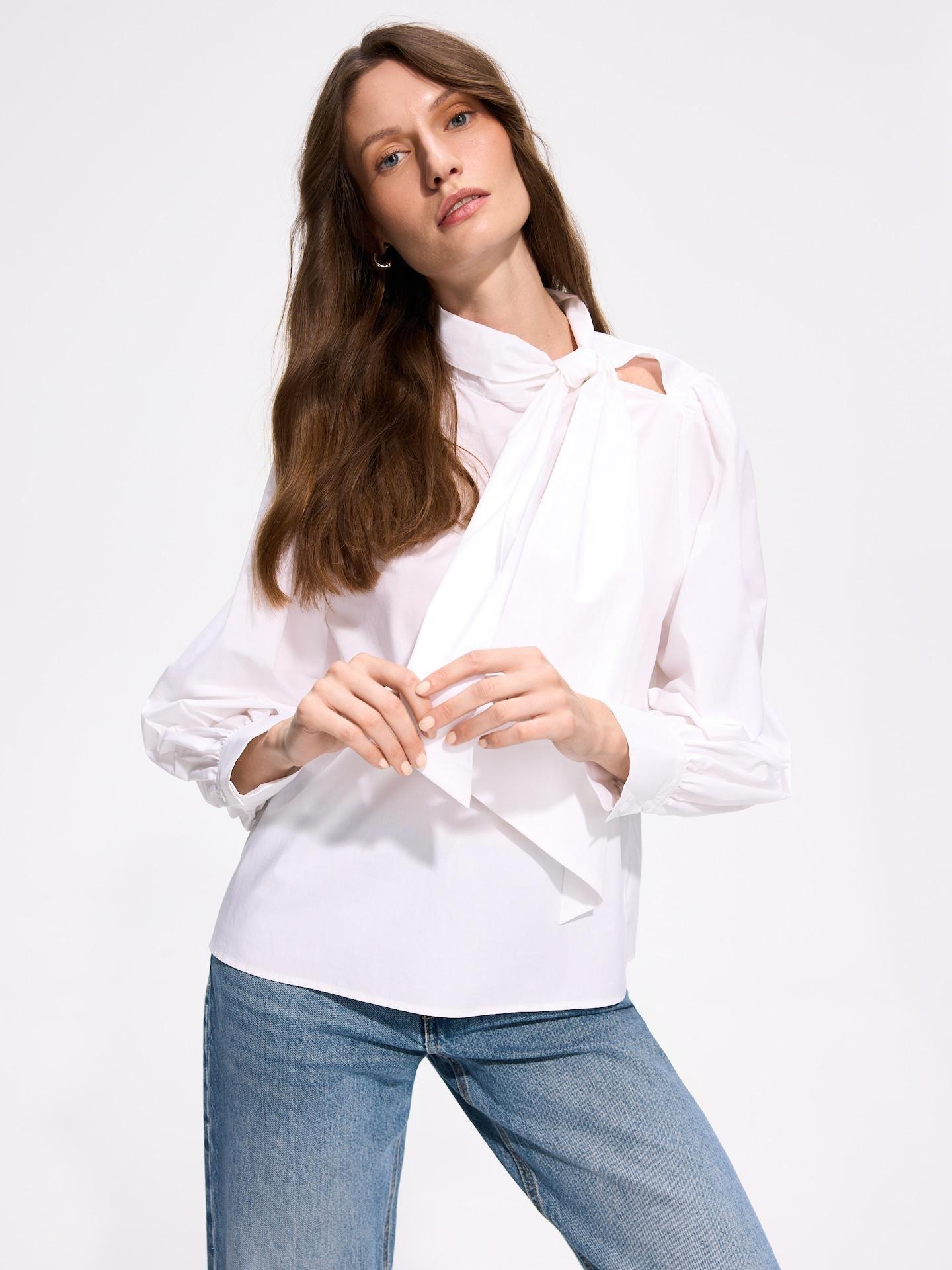 White Cotton Shirt With Tie Detail, White, large image number 1
