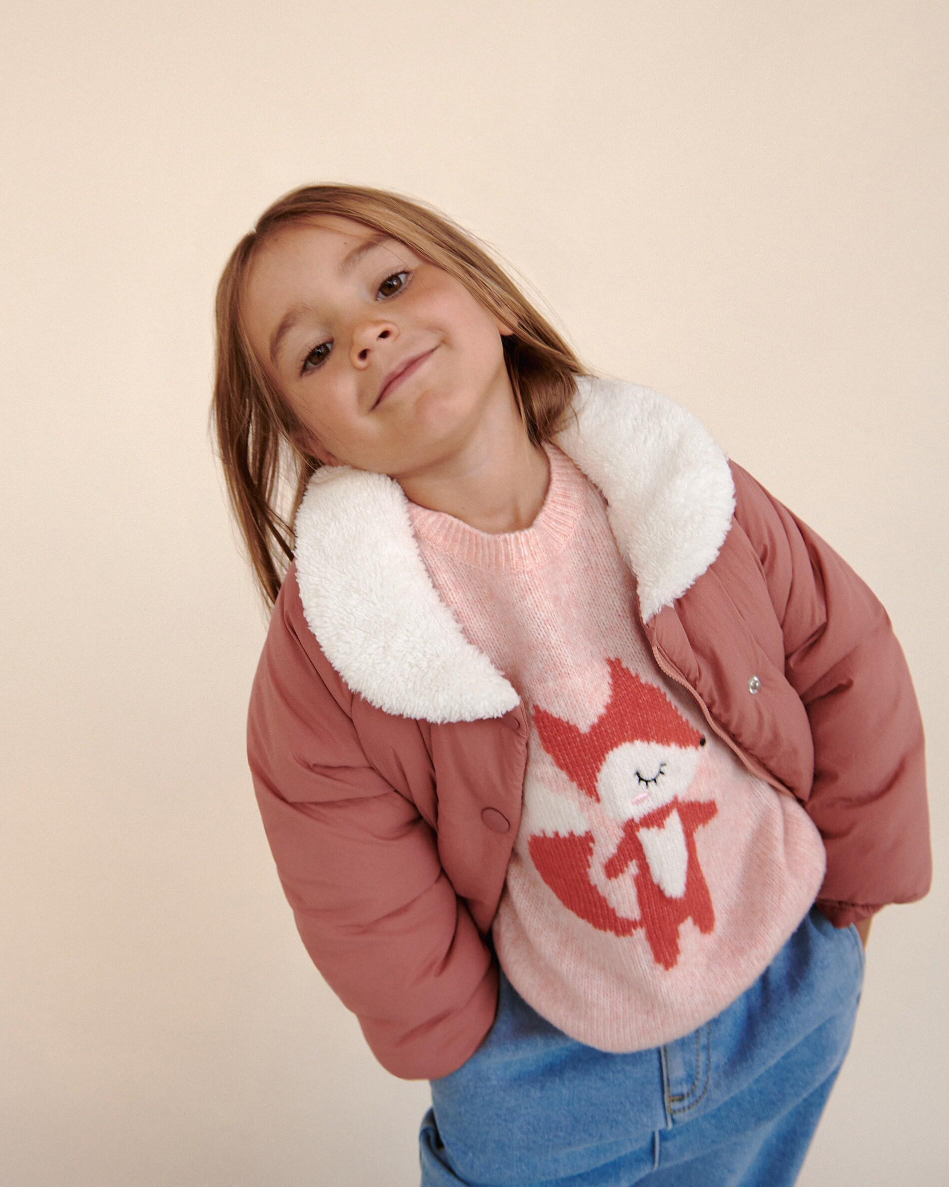 Pink Fox Motif Jumper, Kids Girls, , large image number 0