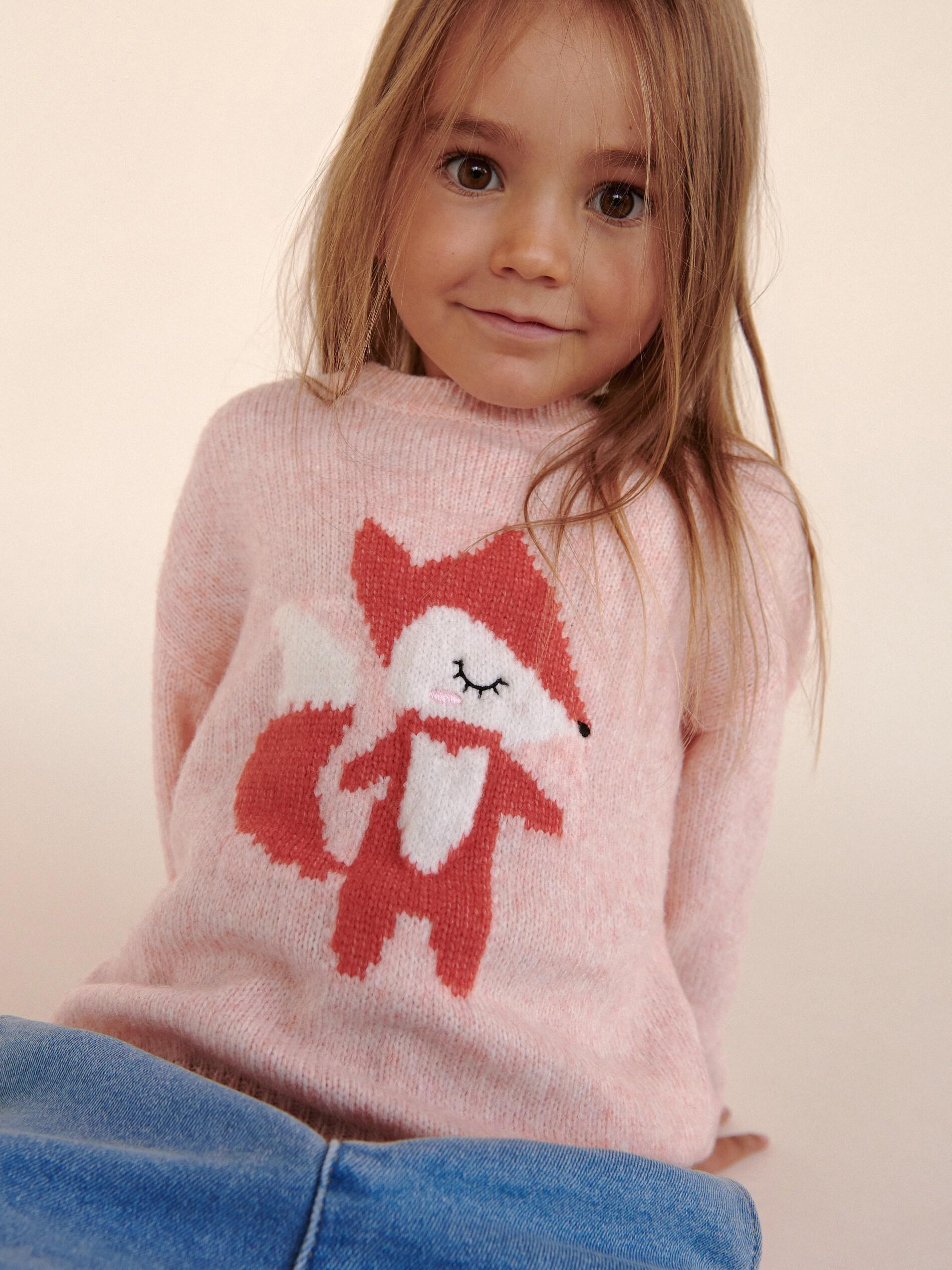 Pink Fox Motif Jumper, Kids Girls, , large image number 1