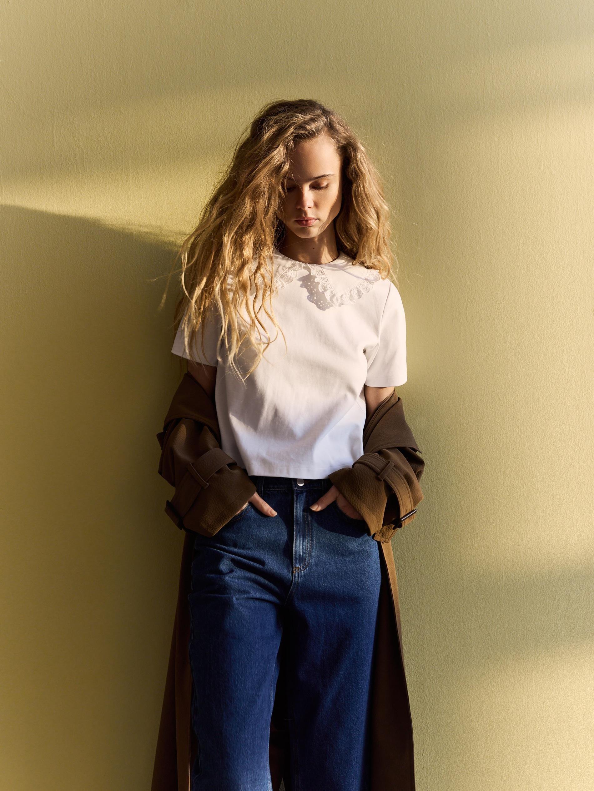 Cream T-Shirt With Collar, Ivory, large image number 7