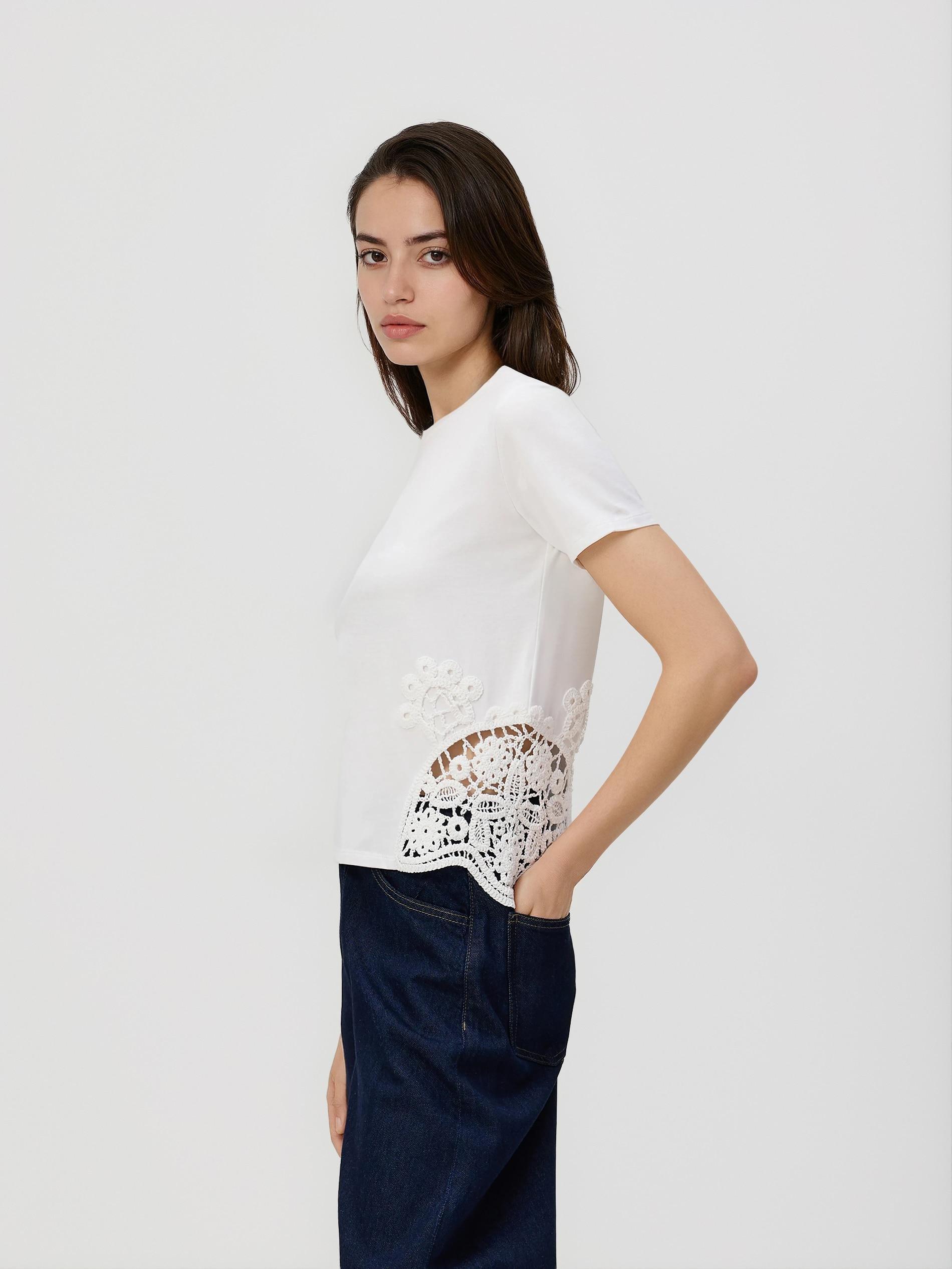 White T-Shirt With Openwork Inserts, White, large image number 0