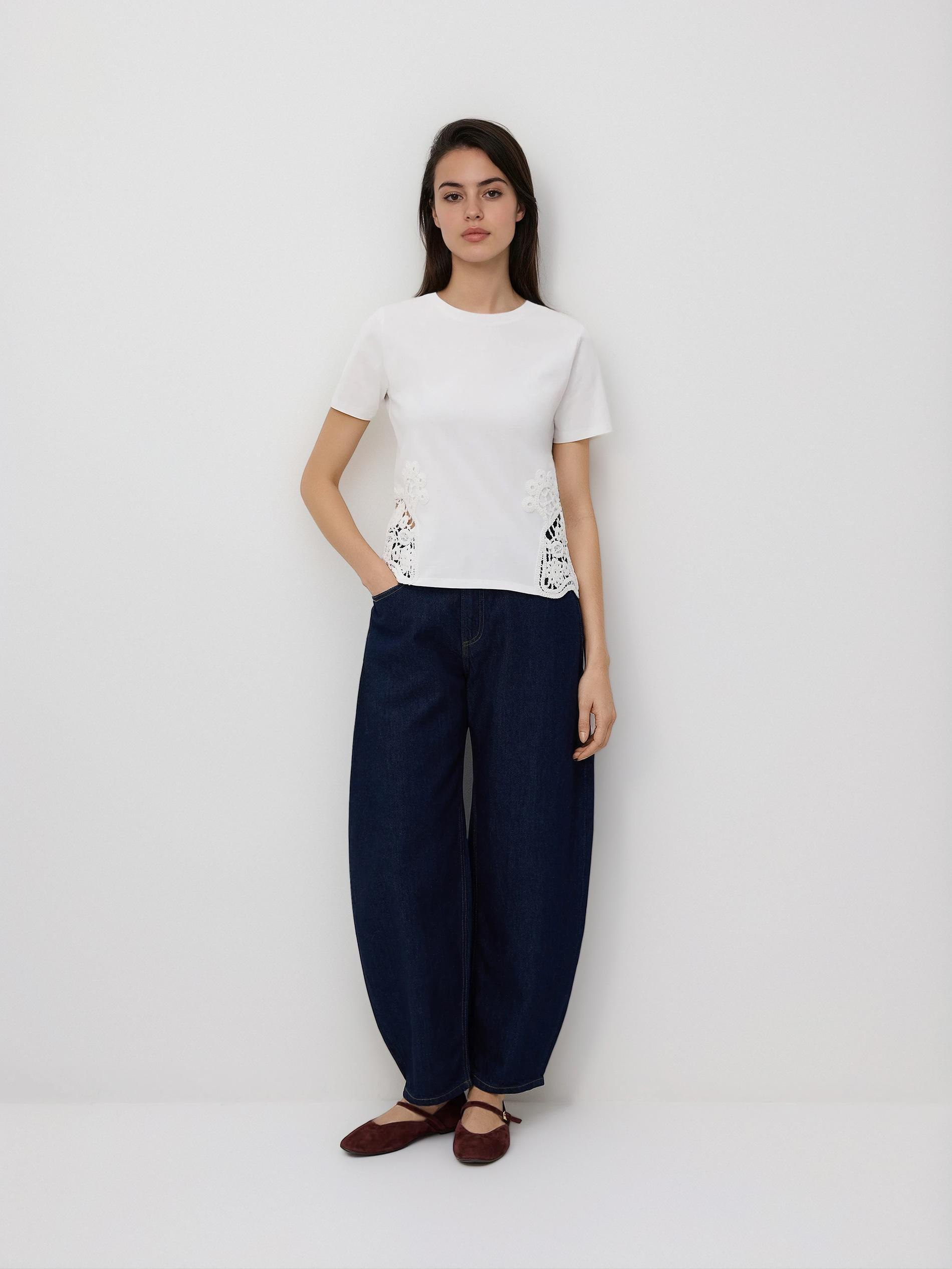 White T-Shirt With Openwork Inserts, White, medium