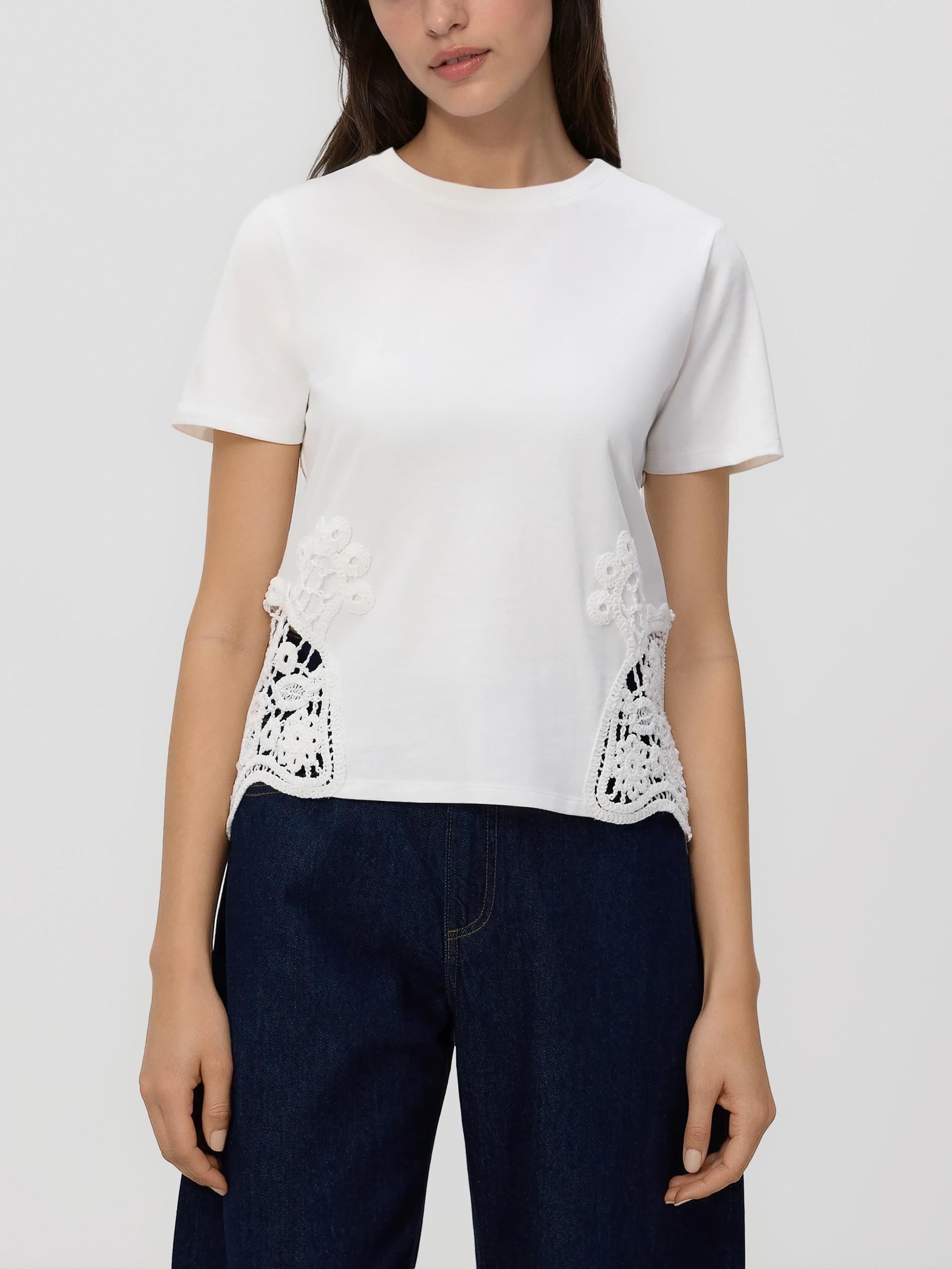 White T-Shirt With Openwork Inserts, White, large image number 2