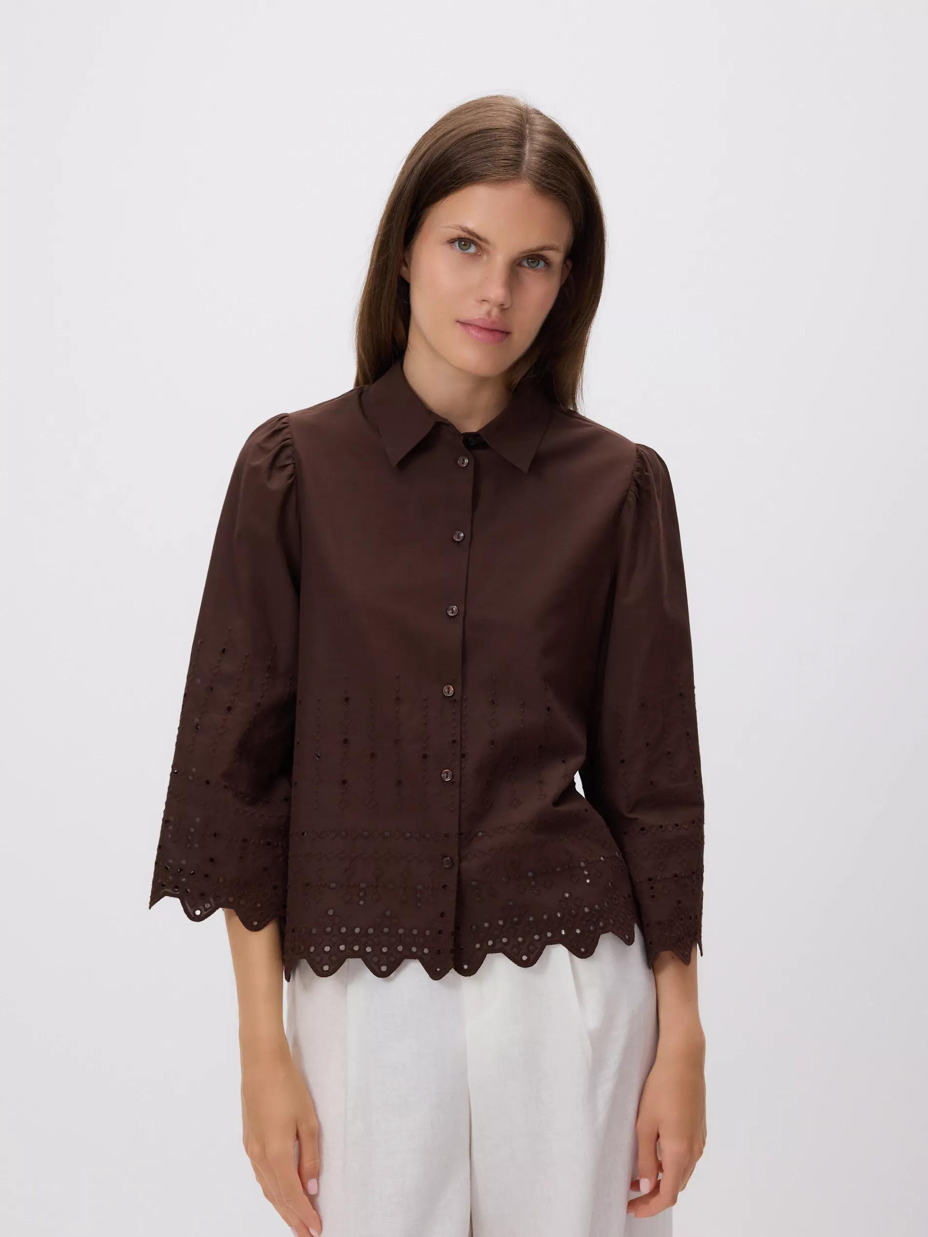 DARK BROWN Shirt with openwork pattern, , large image number 0