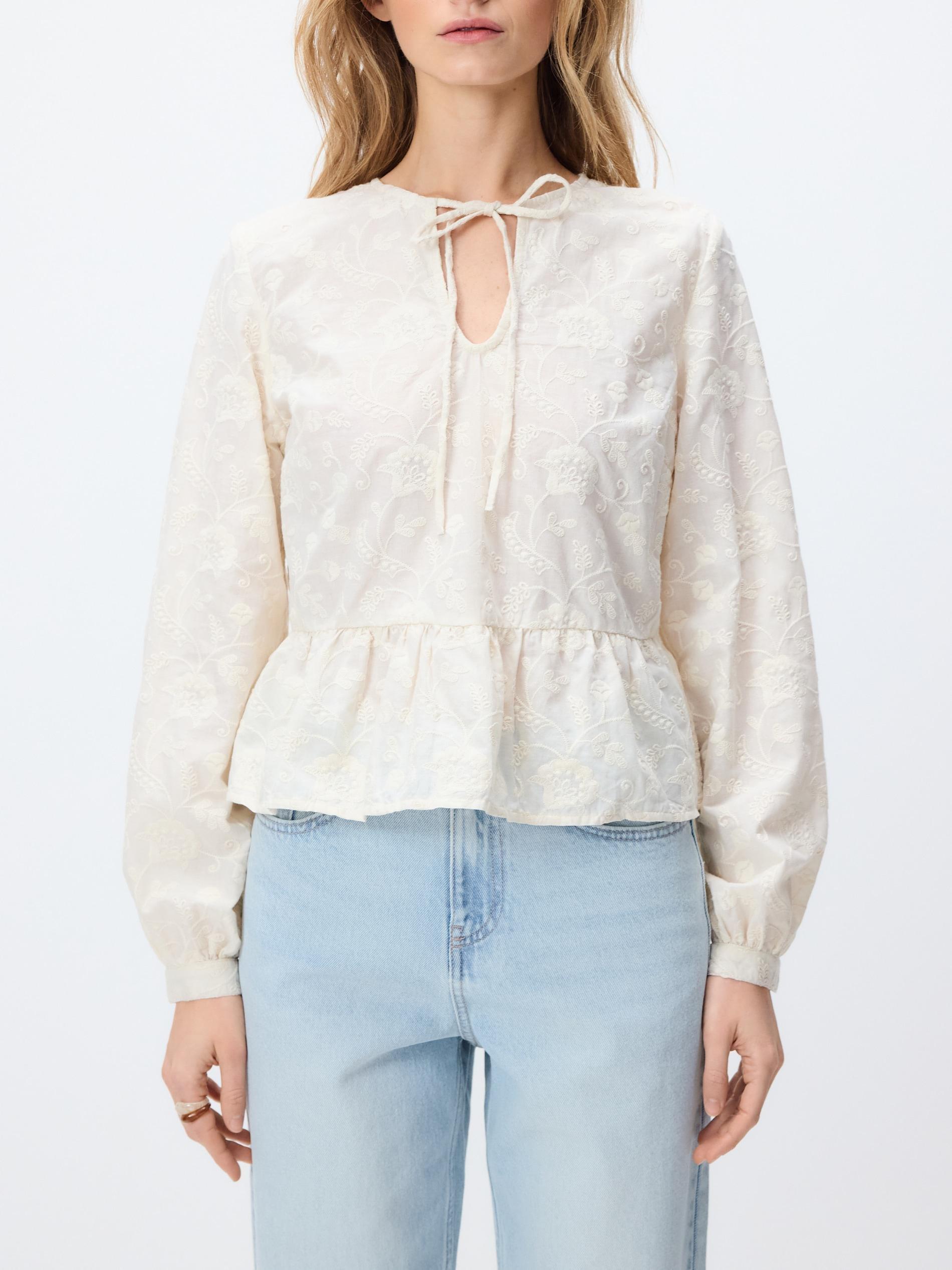 Beige Cotton Blouse With Embroidery, Ivory, large image number 2