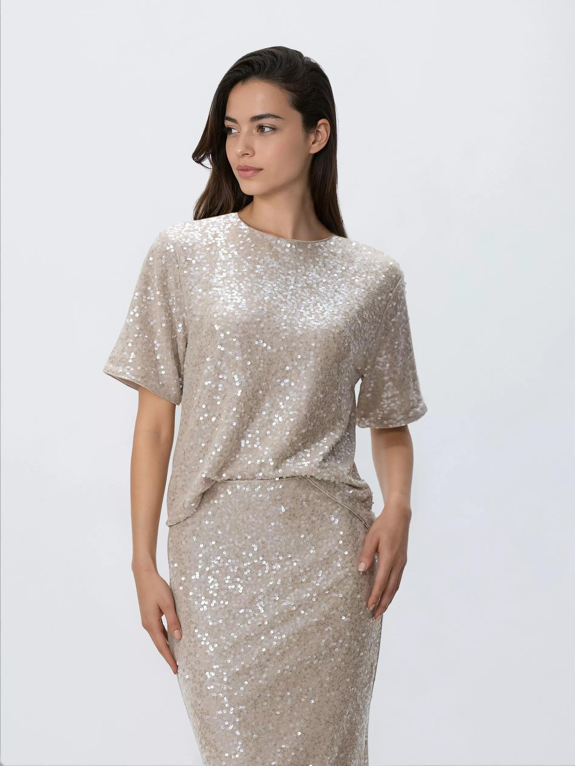 Beige Sequin Boxy T-Shirt, Ivory, large image number 0