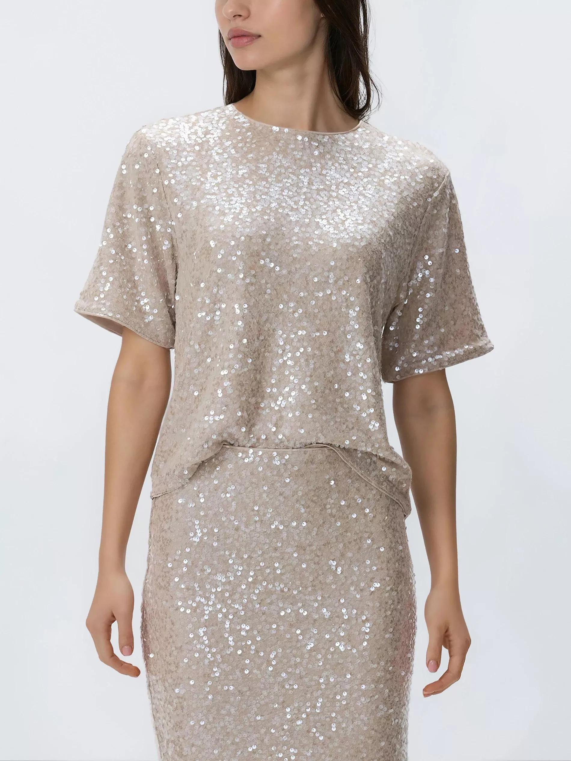 Beige Sequin Boxy T-Shirt, Ivory, large image number 3