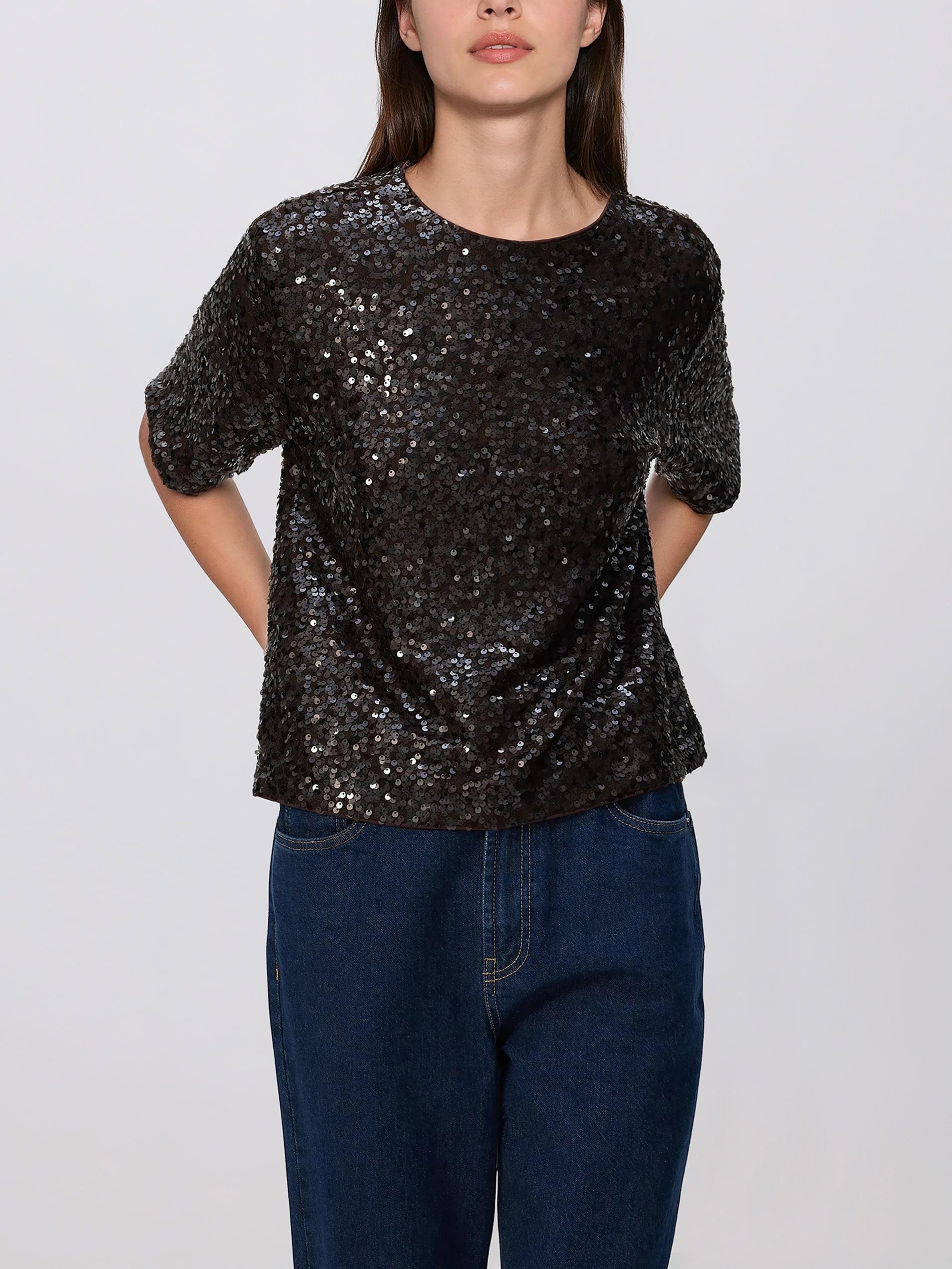 Brown Sequin Boxy T-Shirt, Brown, large image number 3