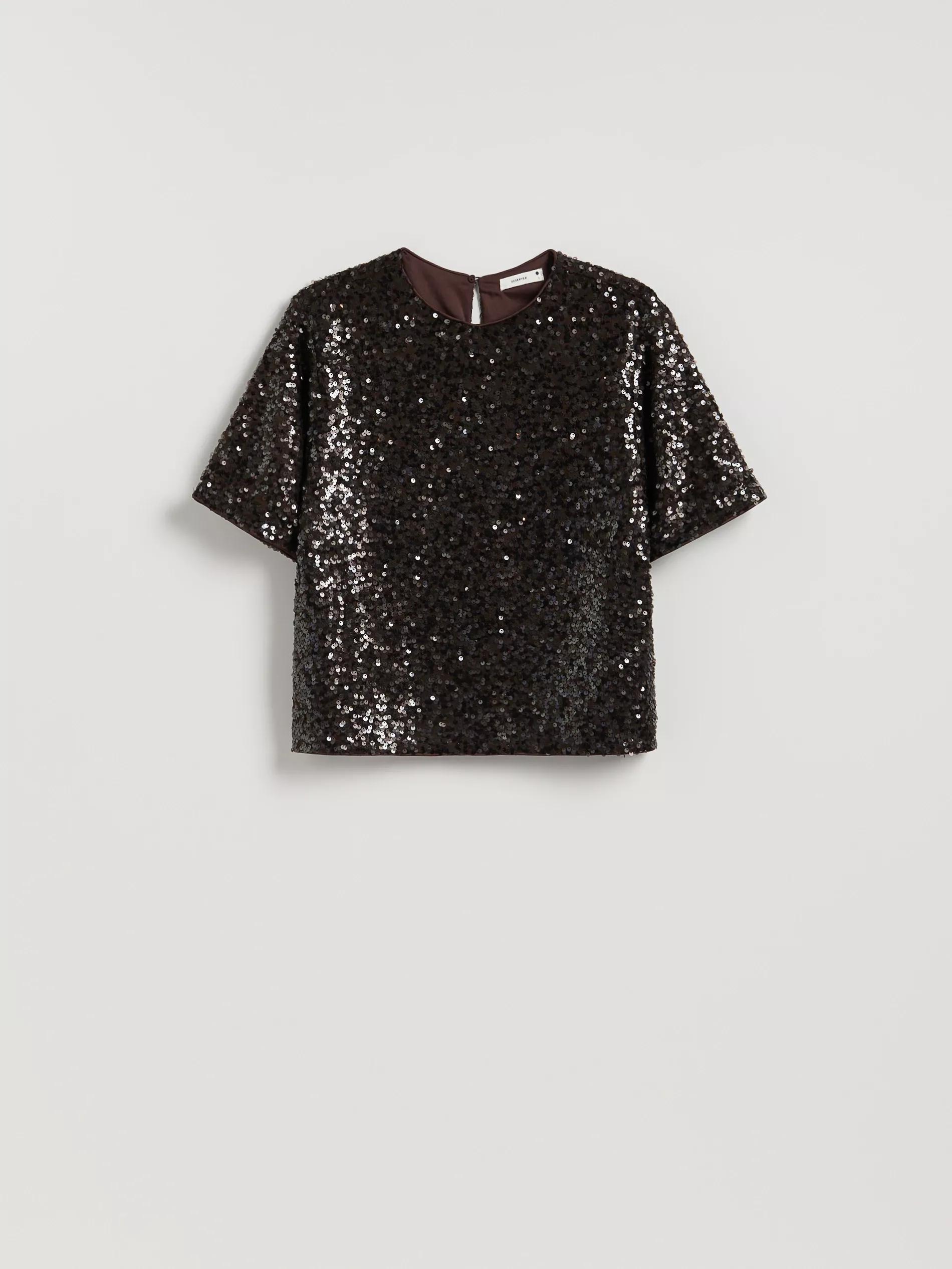 Brown Sequin Boxy T-Shirt, Brown, large image number 4