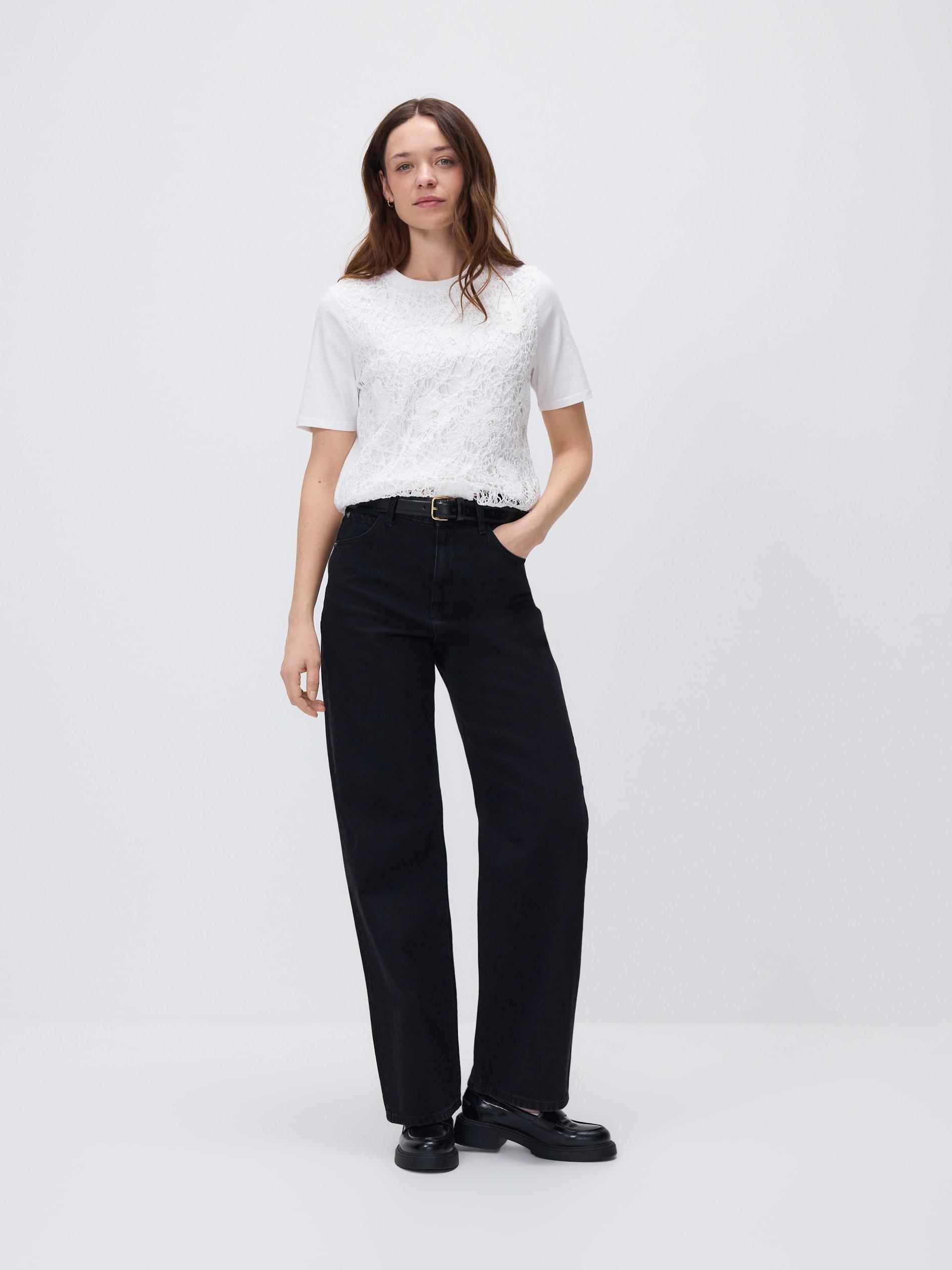 White Blouse With Open Knit Insert, White, large image number 1