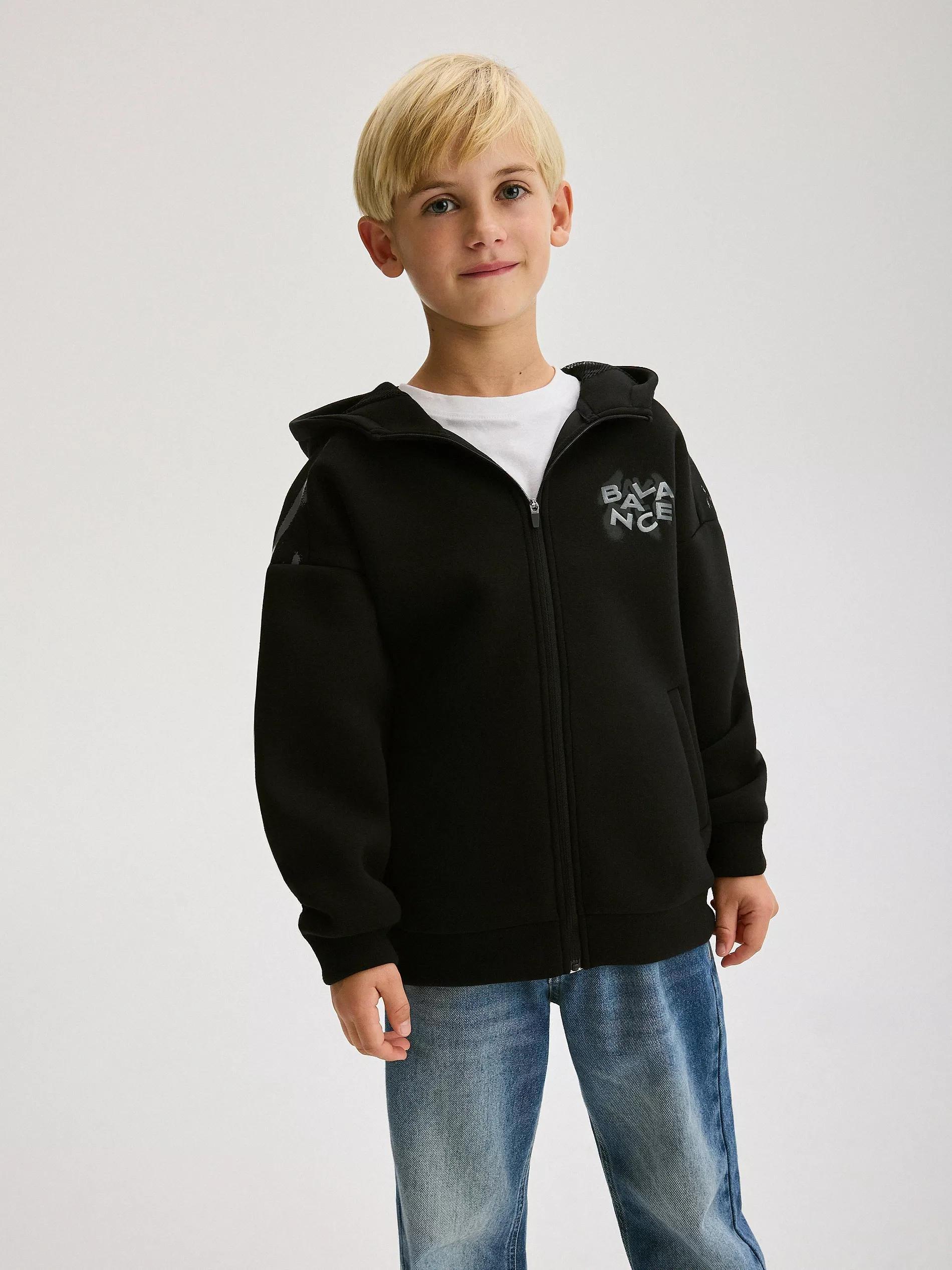 Black Hoodie With Hood And Zipper, , large image number 0
