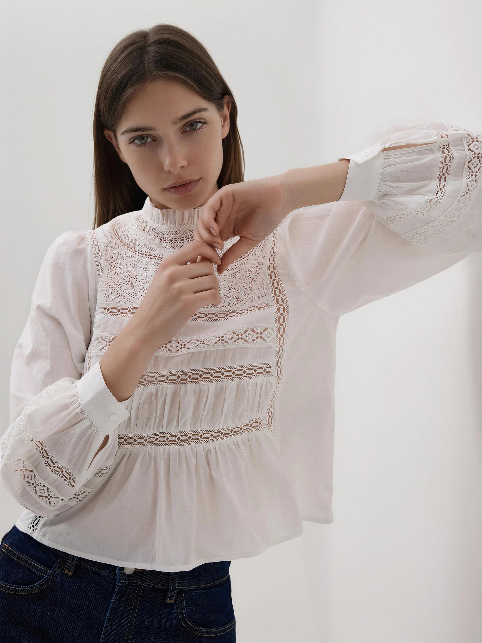 White Openwork Blouse, White, medium