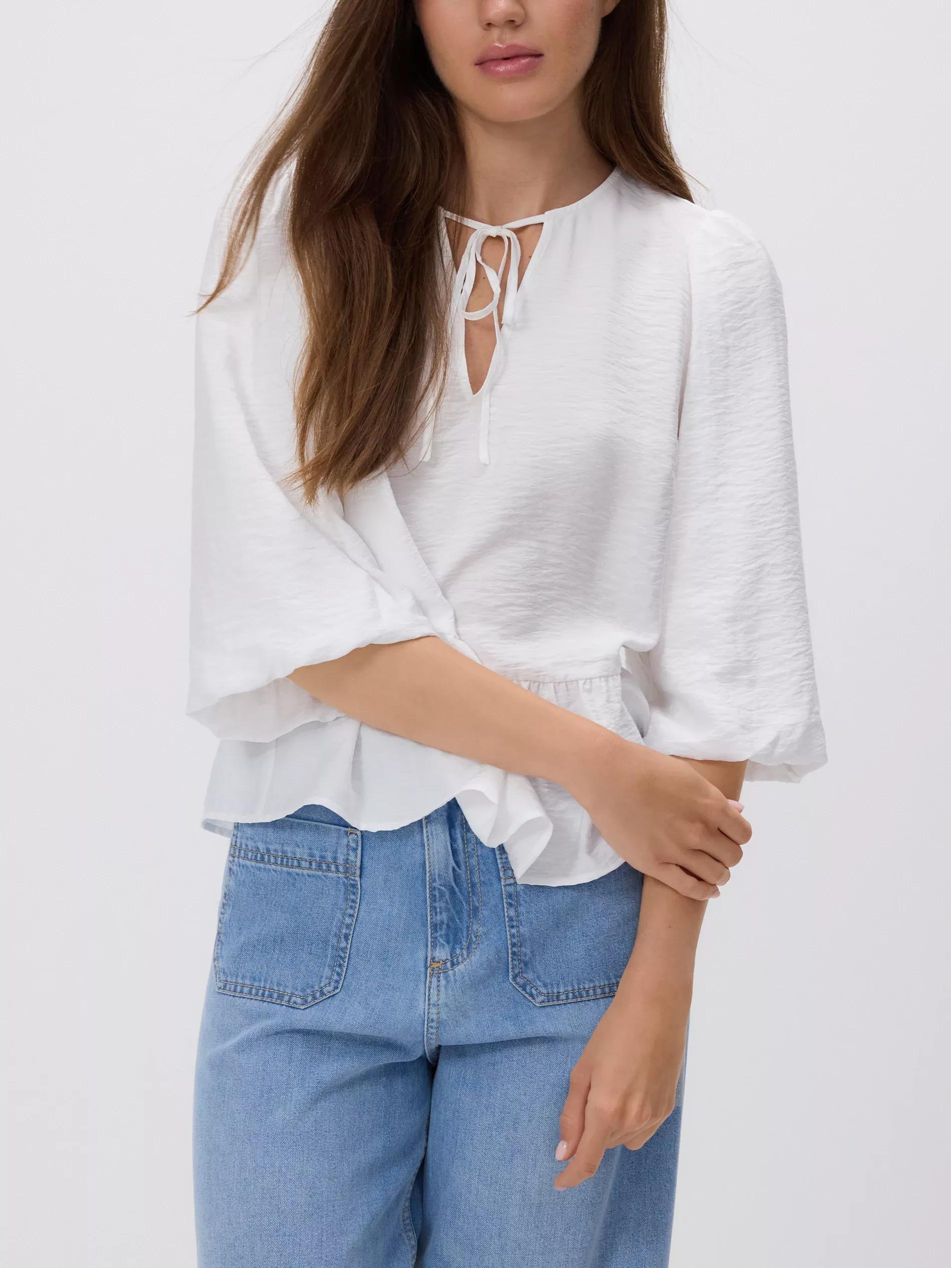 WHITE Viscose blouse with tie neck detail, White, medium