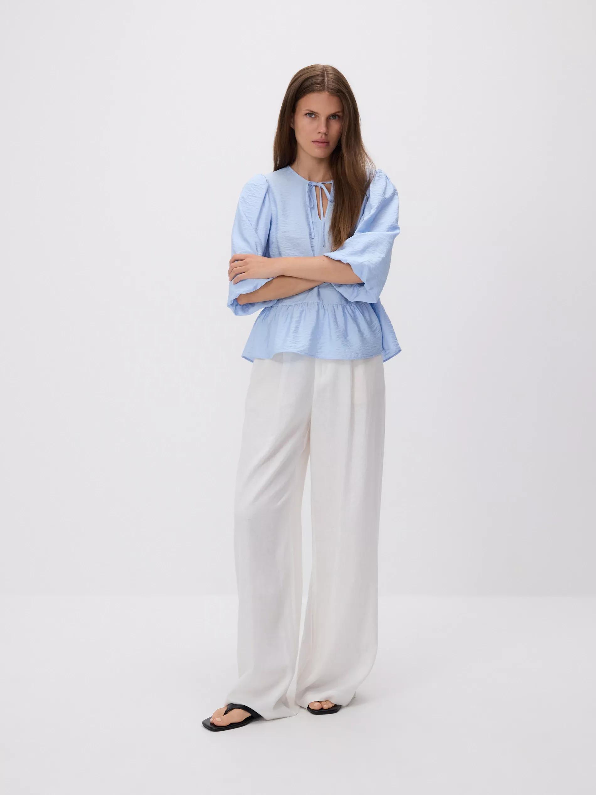 LIGHT BLUE Viscose blouse with tie neck detail, Blue, medium