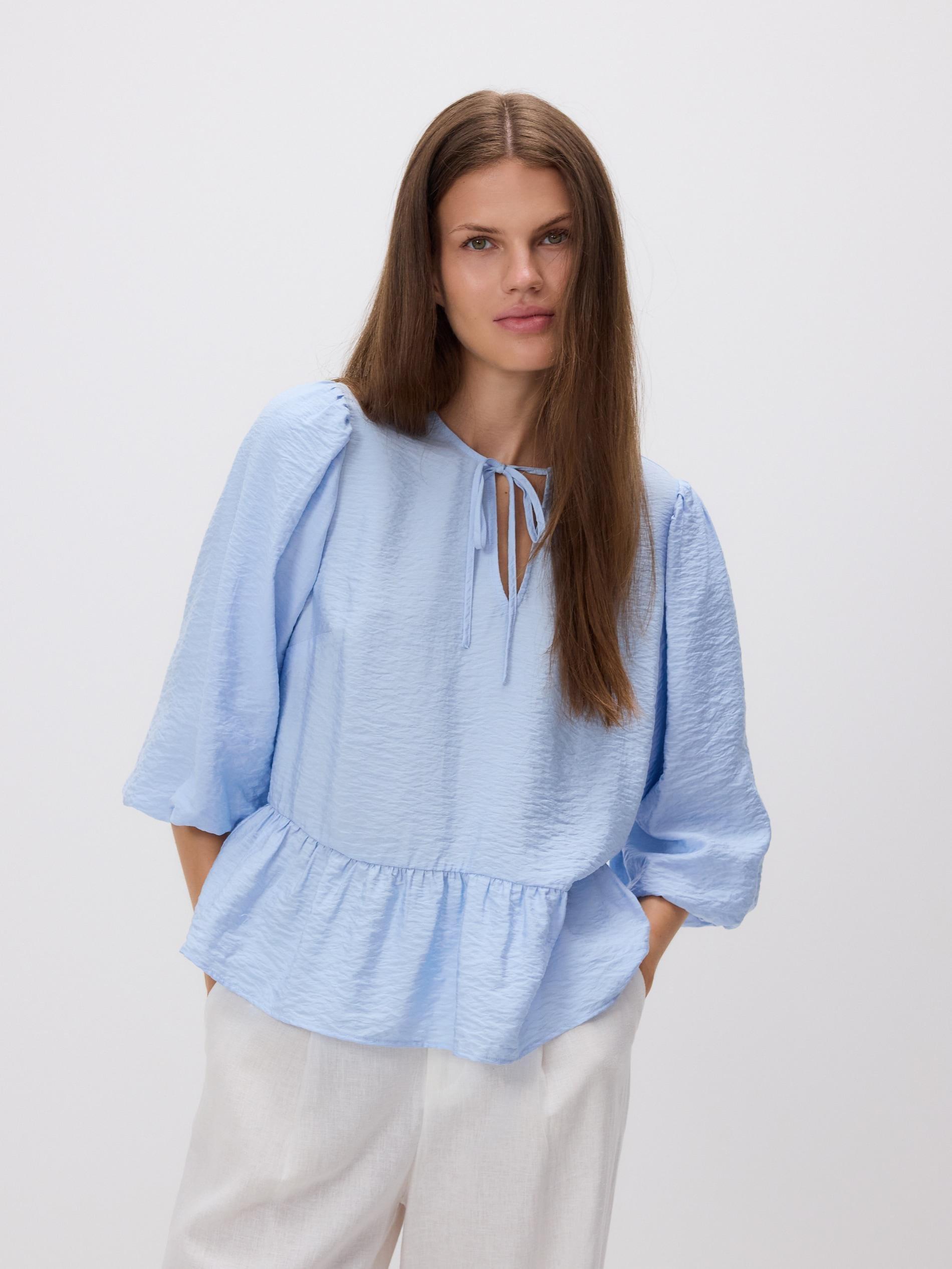 LIGHT BLUE Viscose blouse with tie neck detail, Blue, medium