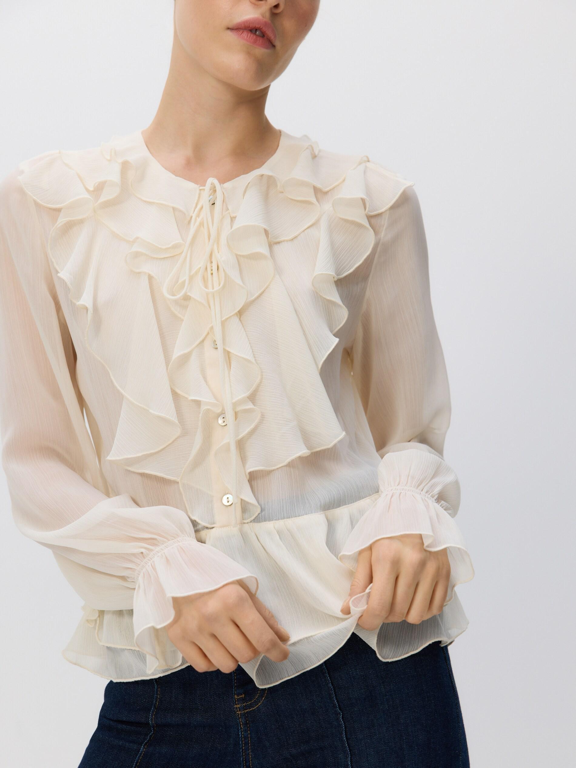 White Detailed Ruffle Blouse, Ivory, large image number 0