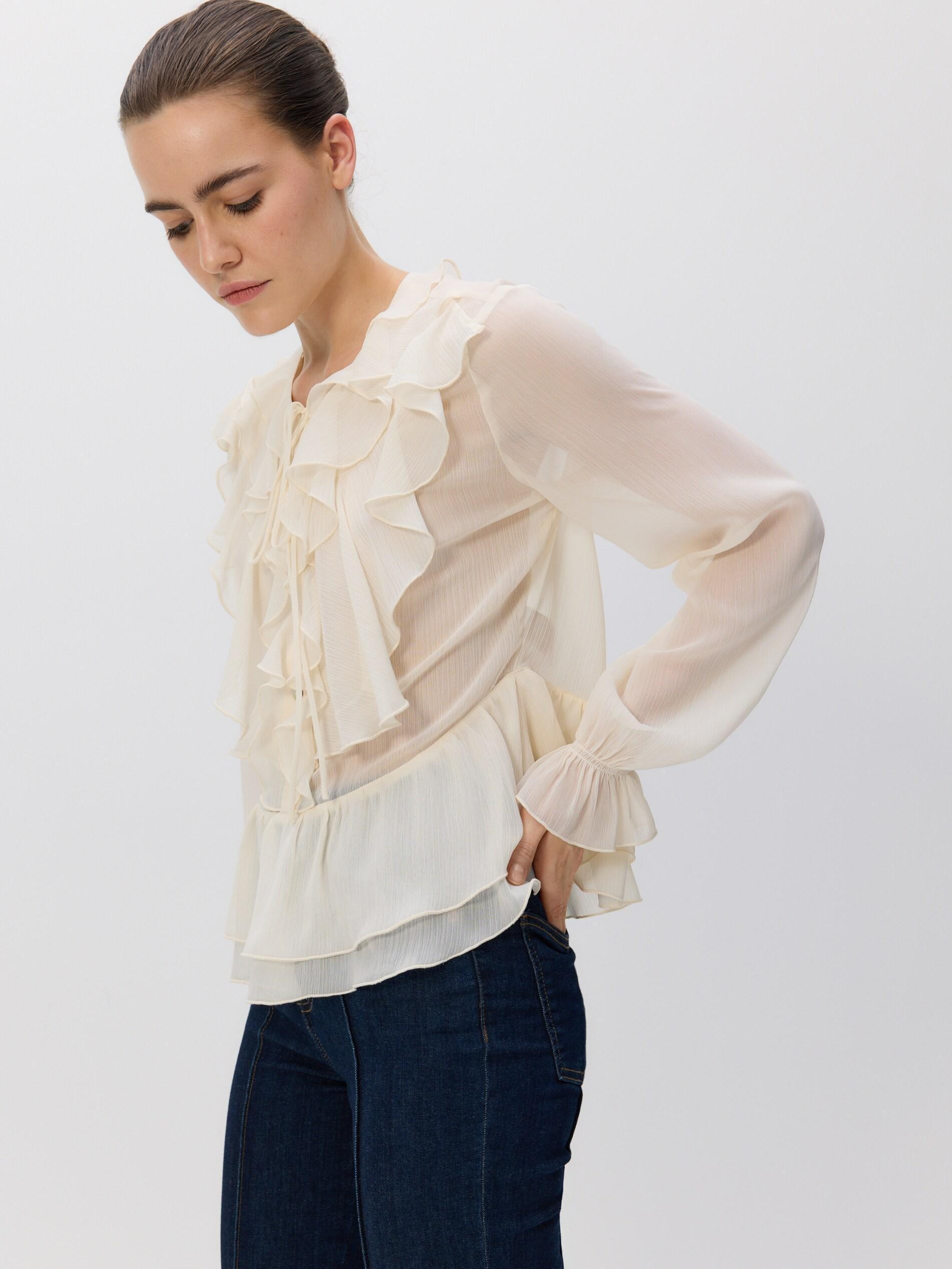 White Detailed Ruffle Blouse, Ivory, large image number 1