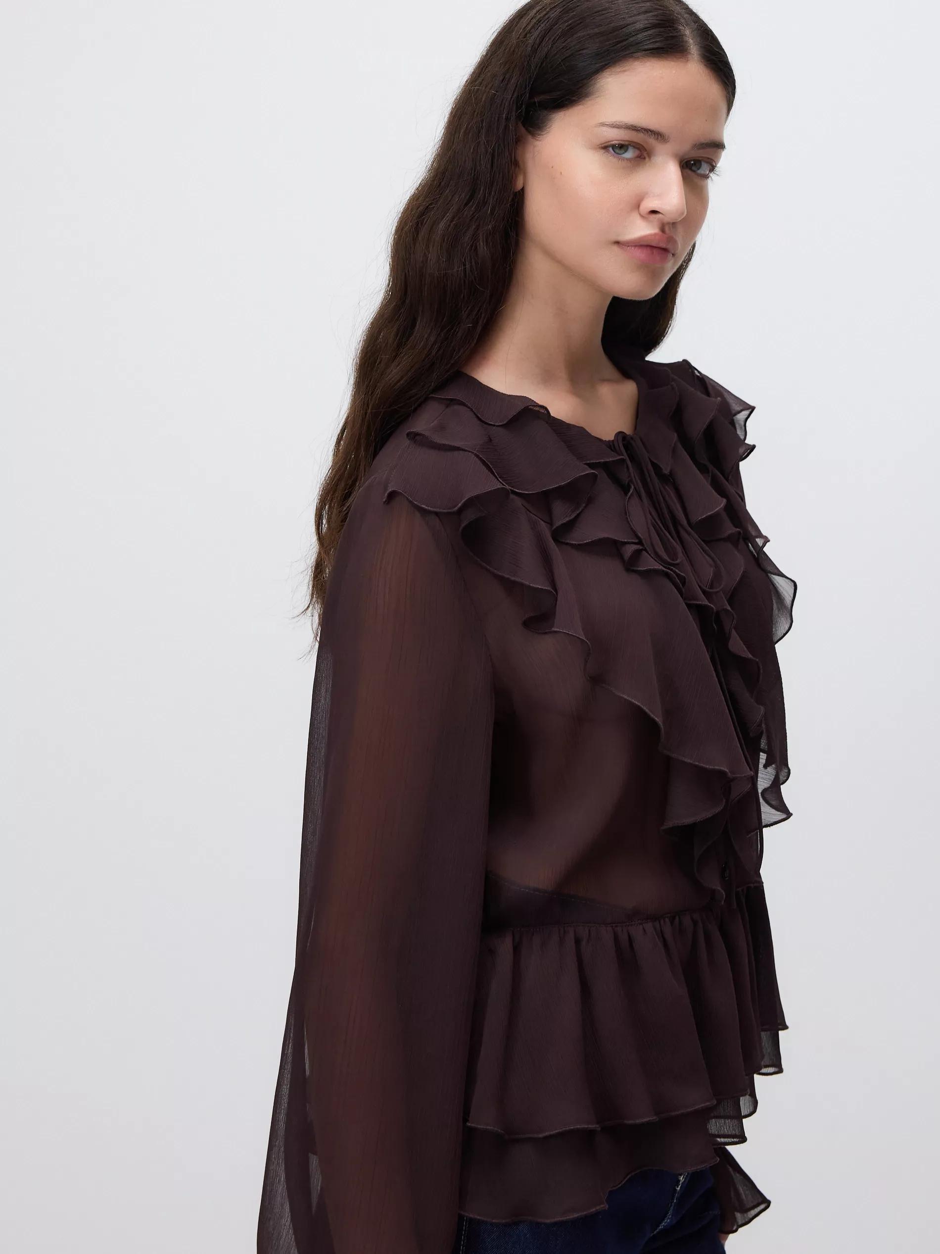 Brown Ruffle Blouse, Brown, large image number 0