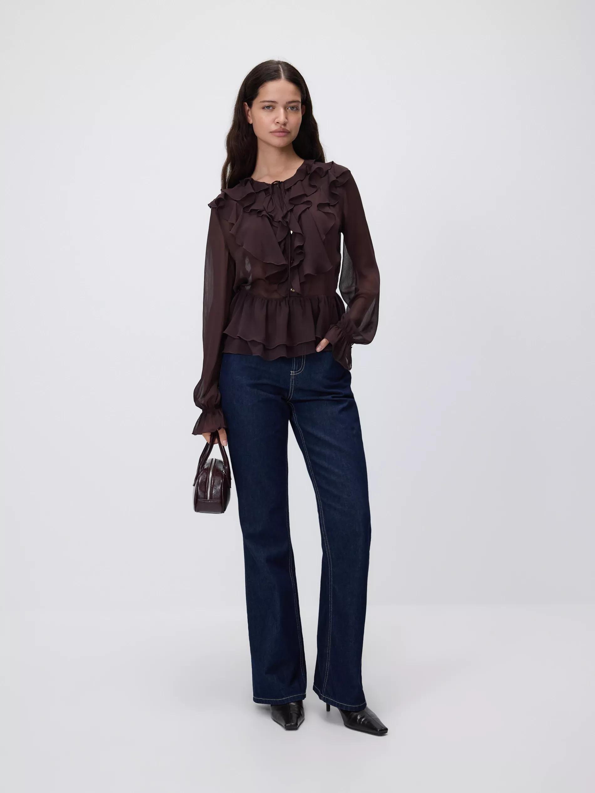 Brown Ruffle Blouse, Brown, large image number 1