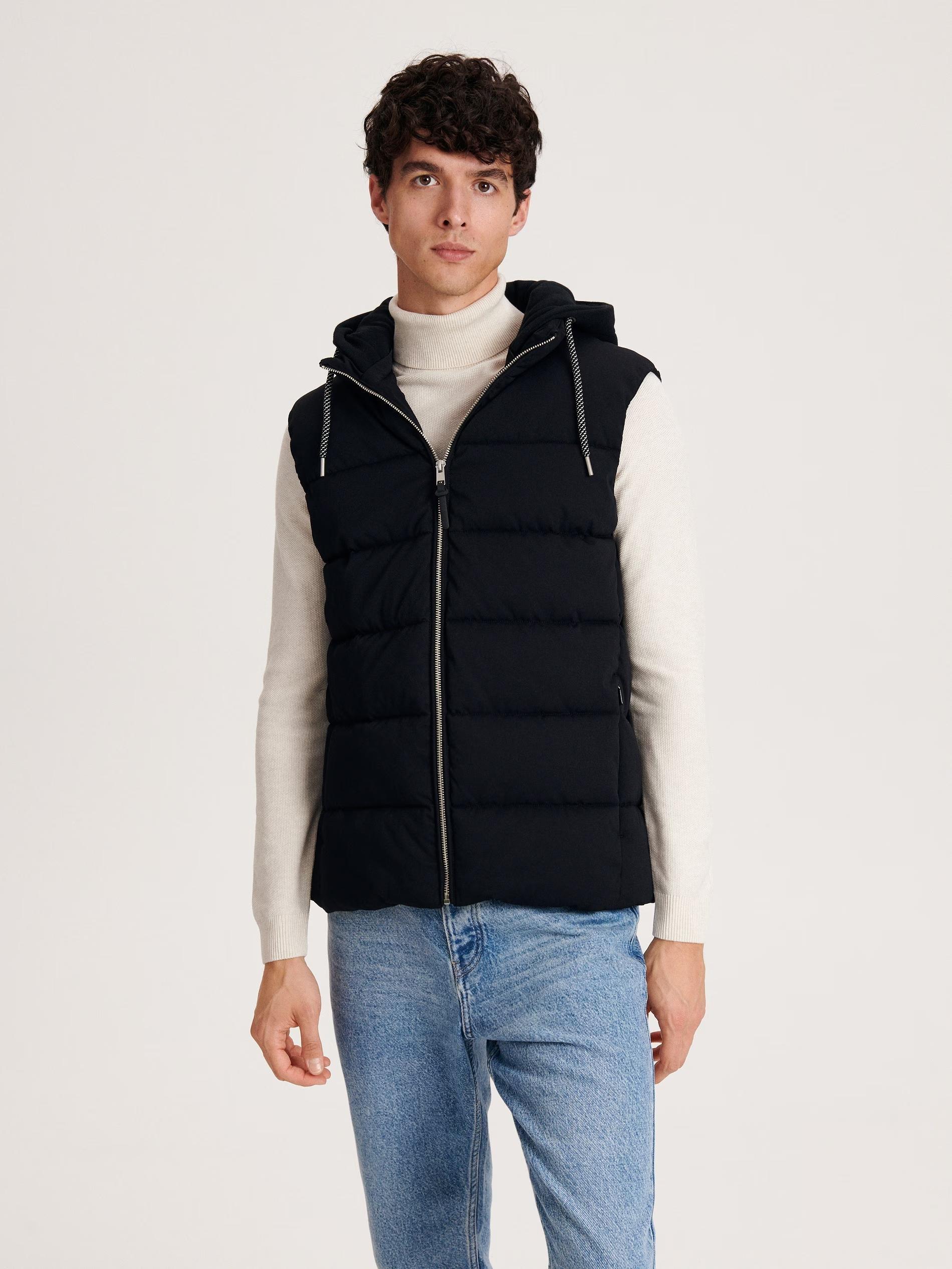 Black Quilted Vest With Hood, , large image number 0