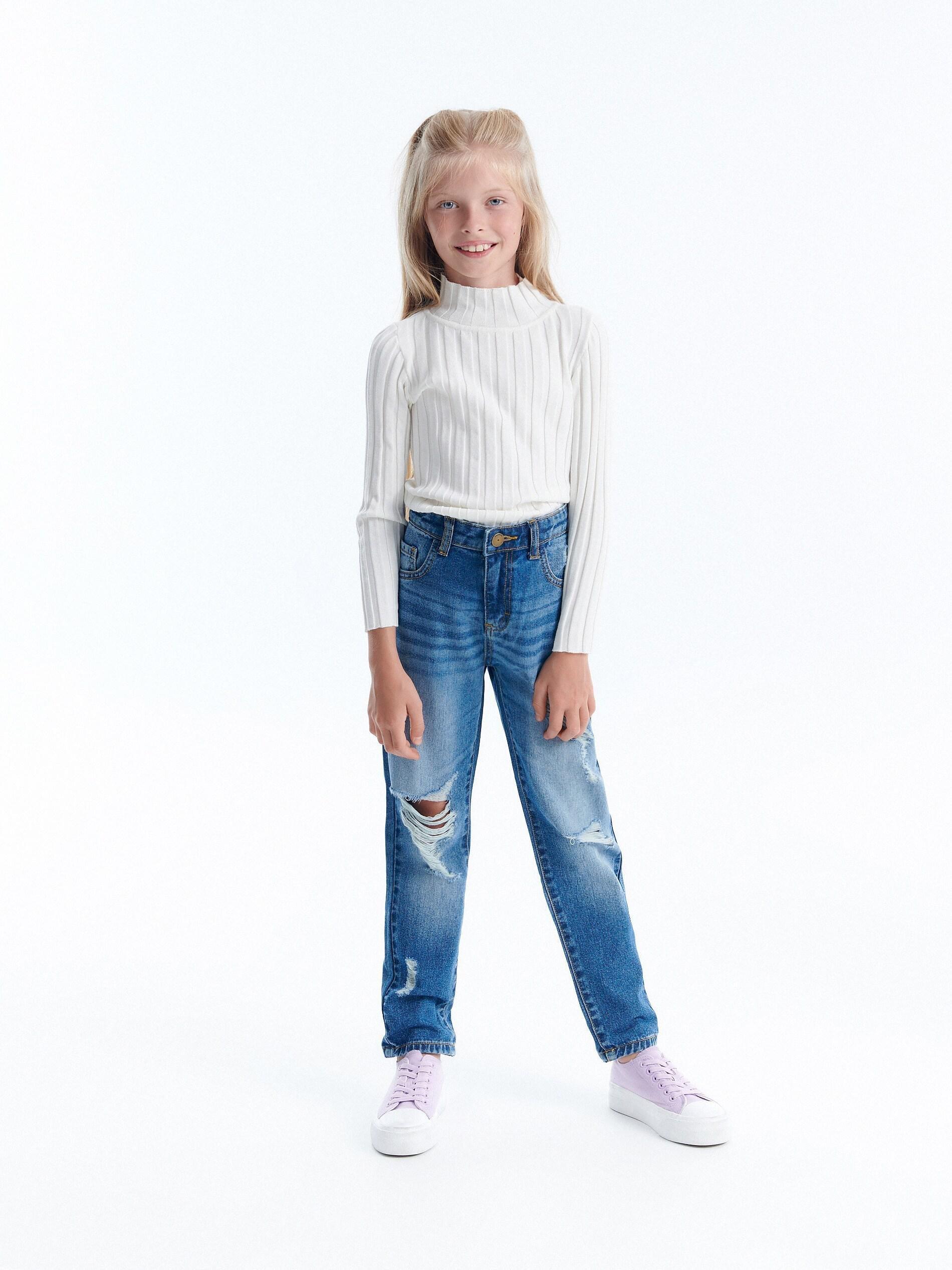 Blue Distressed Boyfriend Jeans, Kids Girls, , large image number 0