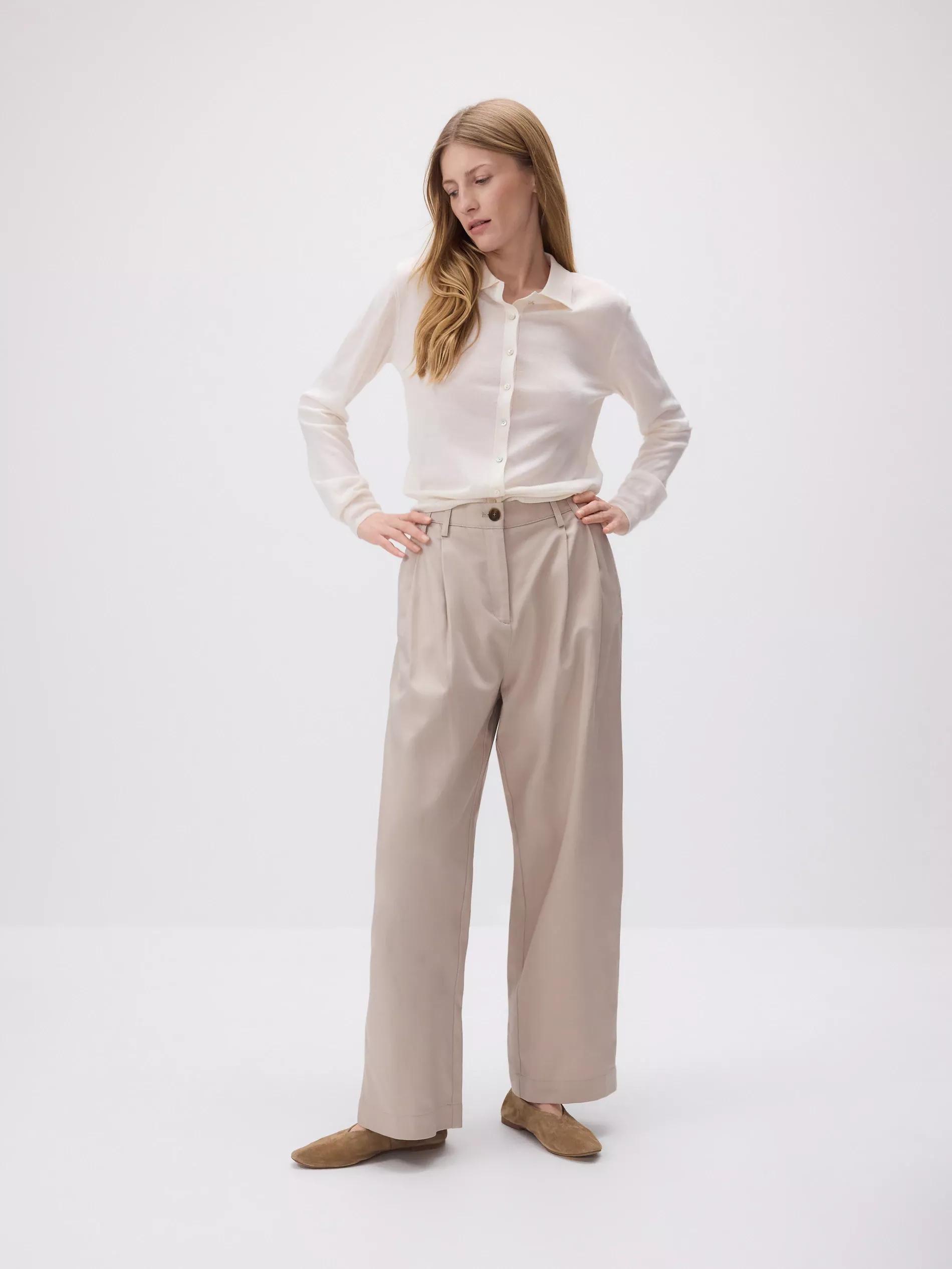 Beige Lyocell Blend Trousers With Pleats, , large image number 0