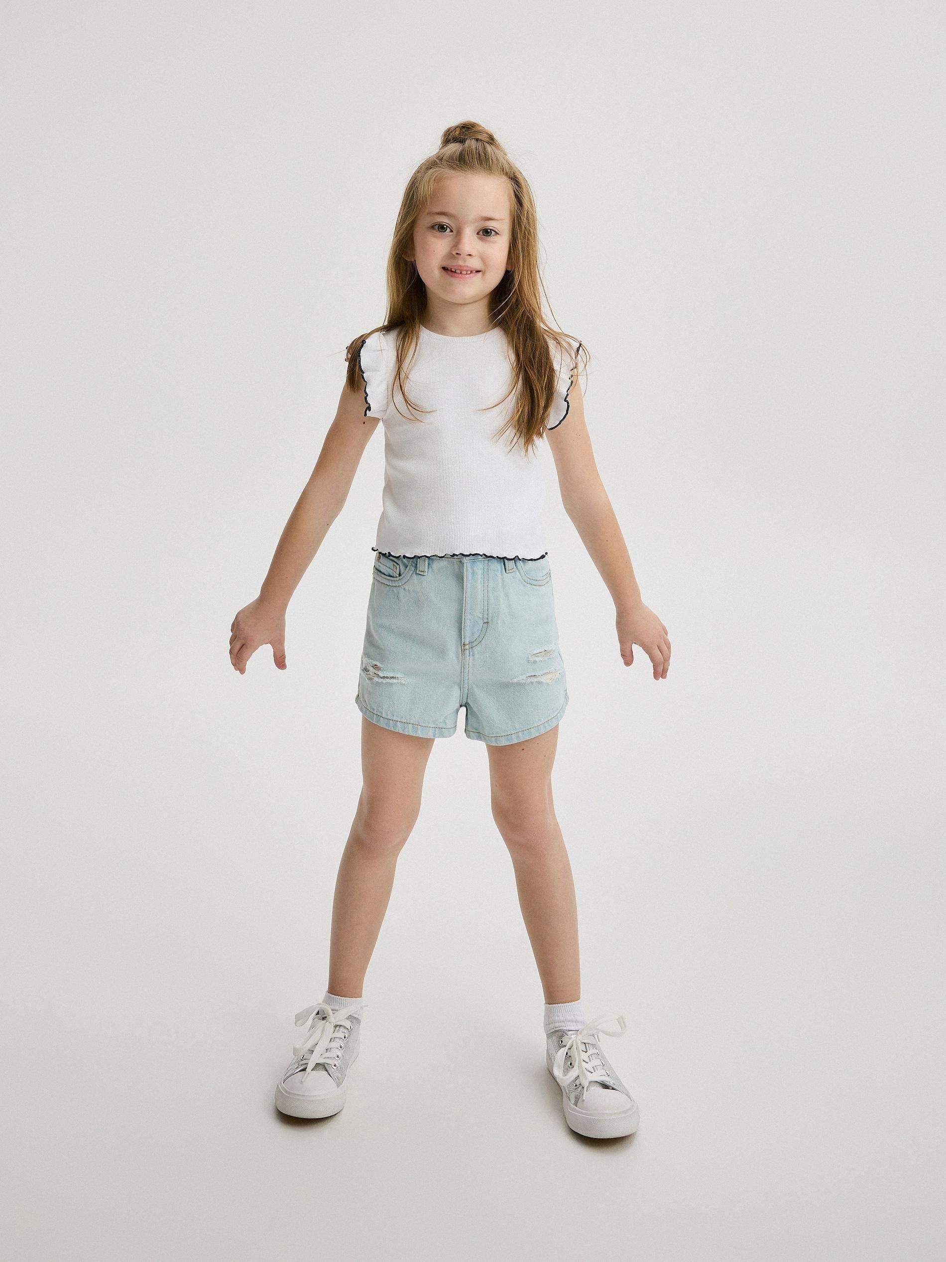 Blue Denim Shorts With Wash Effect, Kids Girls, , large image number 5